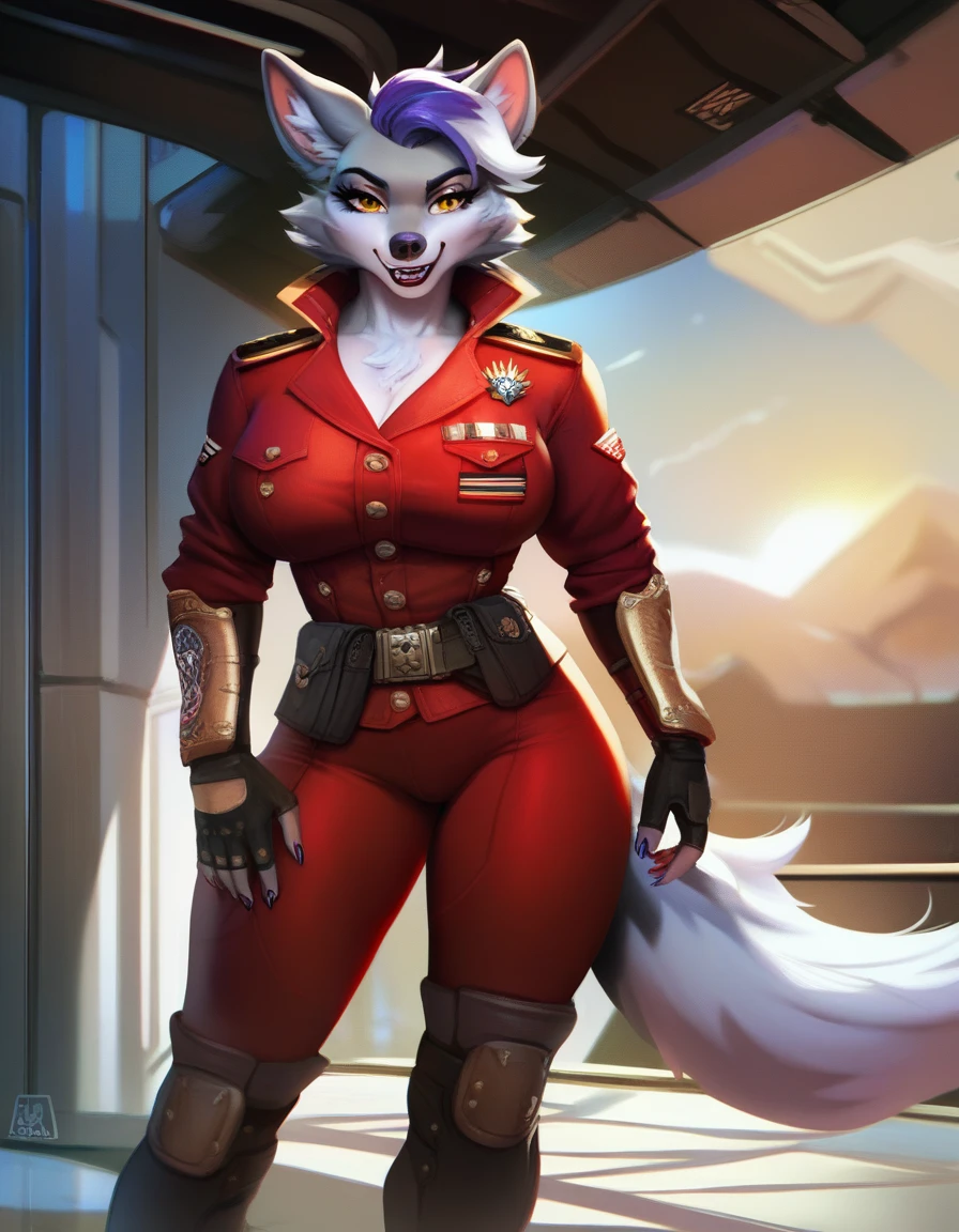 Solo, female, anthro wolf, muscular, voluptuous, commander, military outfit, spaceship, art in anime style A lone, alluring anthro wolf woman stands at the helm of her spaceship, exuding confidence and power in her muscular figure. Her voluptuous curves are accentuated by the tight-fitting military uniform she wears, with intricate details and no shortage of shimmering metallic accents. Her golden eyes, reminiscent of the sun, pierce through the darkness of space, reflecting her unwavering determination as the captain of this galactic vessel. Her fur, a stunning mix of silver and grey, cascades down her