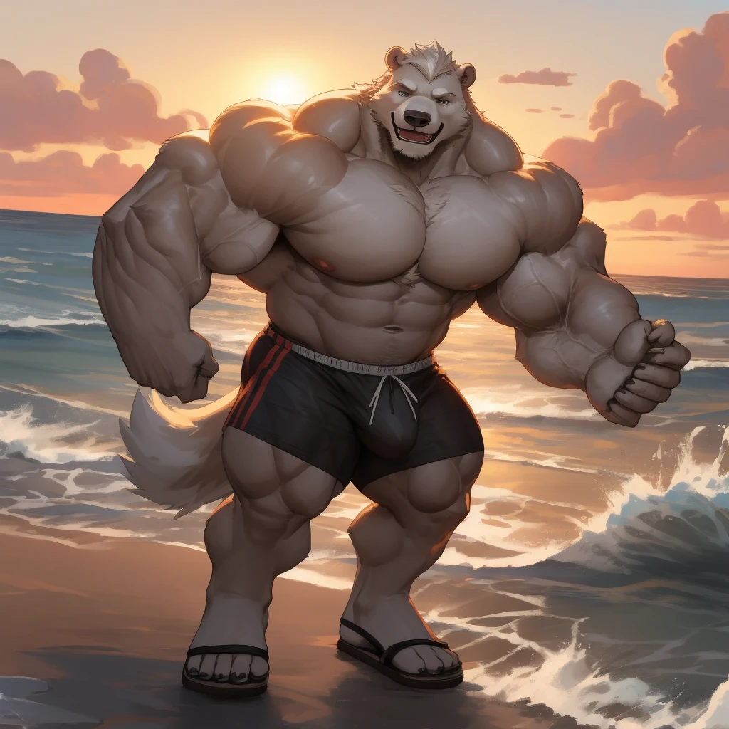 masterpiece, 8k, Hight detailed, a polar bear standing in beach, sea, wave, huge and muscular, old polar bear, sunset, twilight, swim shorts, bulge, white hair, white Beard, huge white fur, wearing black swim shorts, sandals, bearded, happy expression, facial hair, (view (full body)) detailed face, face, detailed eyes, eyes, really big muscle, bigger muscle, huge thick fur, thick white fur,very big muscular, over sized muscle, biggest muscle, big pec muscular, biggest pec muscle, detailed muscle, realistic rendering, CG realistic, 3d realistic, photography, background