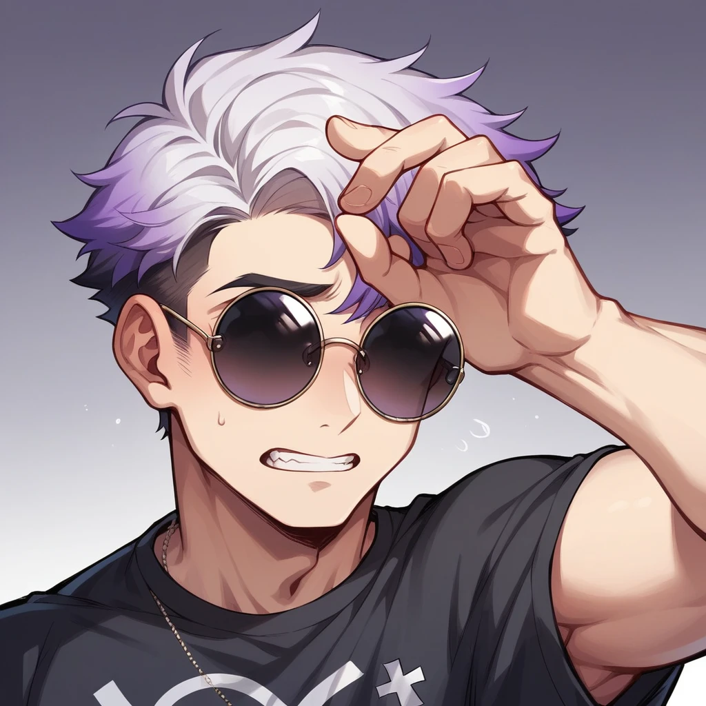 アニメ, best qualityer, white male, Scrawny, purple gradient hair,black shirt with inverted cross print, round sunglasses, 