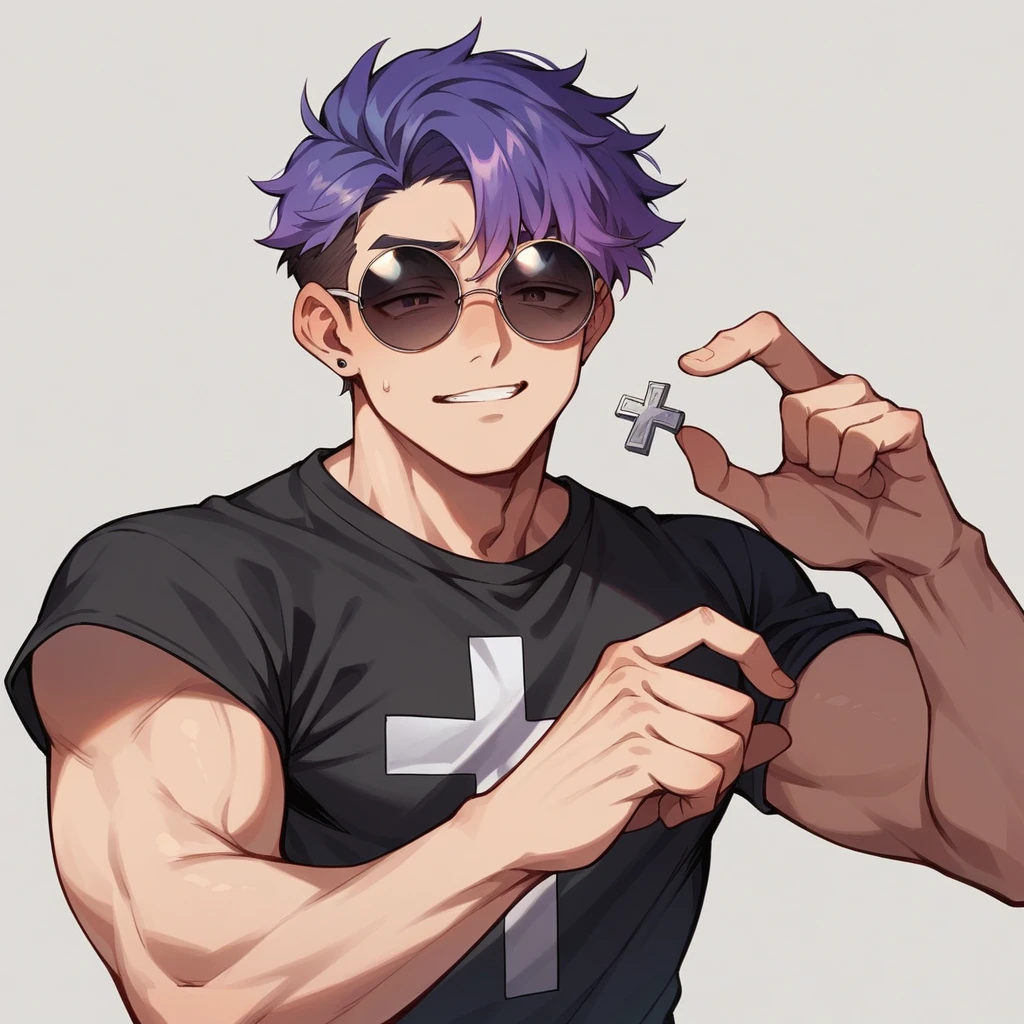 アニメ, best qualityer, white male, Scrawny, purple gradient hair,black shirt with inverted cross print, round sunglasses,