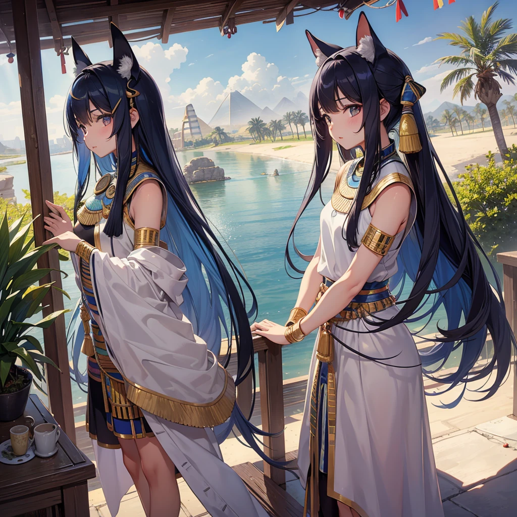 かわいいAncient Egyptの15歳の女の子、Ancient Egypt、View of the Nile、A colorful view of the whole、whole body、Low - Angle、Standing posture、Reeds are growing、Ancient Egyptの船、Ancient Egyptの風景