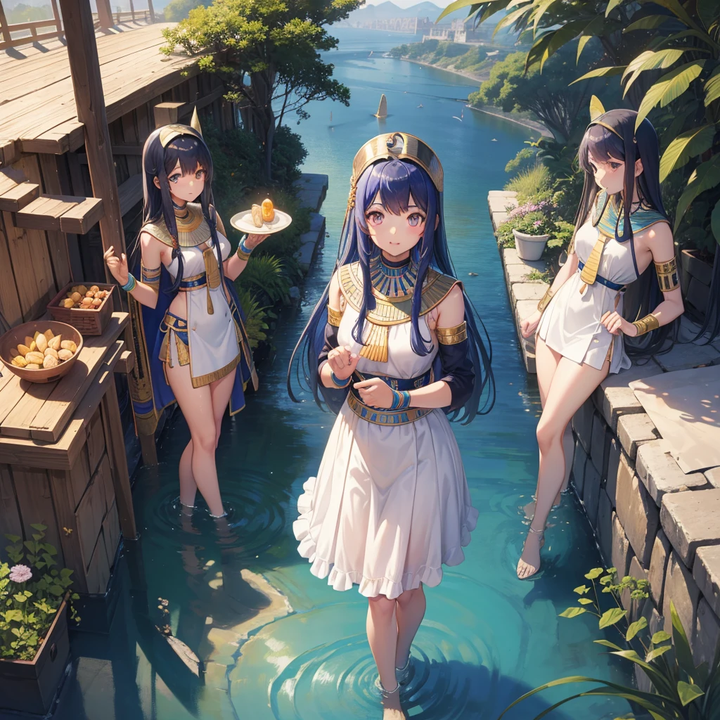 かわいいAncient Egyptの15歳の女の子、Ancient Egypt、View of the Nile、A colorful view of the whole、whole body、Low - Angle、Standing posture、Reeds are growing、Ancient Egyptの船、Ancient Egyptの風景