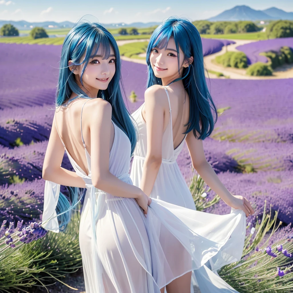 (Highest quality, 32K, High resolution, Masterpiece:1.5), marimo_jet, god々A photograph with brilliant dazzling and healing power., Evoking a sense of calm and elusive beauty, Expressing emotions, Have a rich imagination, Beautiful Japanese Girls, An exceptionally beautiful face, ((Looking back:1.4)), Small Face Beauty, , Perfect Human Anatomy, Magical big eyes, Motherhood and generosity, Deep Love, fleeting smile, (shiny blue hair:1.2), Super long hair swaying in the wind, Asymmetrical bangs, Hair between the eyes, Transparent, soft white skin, Sharp eyebrows, Thin lashes, ((Natural Makeup:1.3)), White dress, High resolutionの完璧な鎖骨, High resolutionの美しい胸元, Slim figure with ample breasts, High resolutionの美しい太もも, ((Distant Horizon:1.5)), ((Lavender fields stretching to the horizon:1.3)), Beautiful detailed blue sky, Professional photographer, Professional Lighting, Professional models