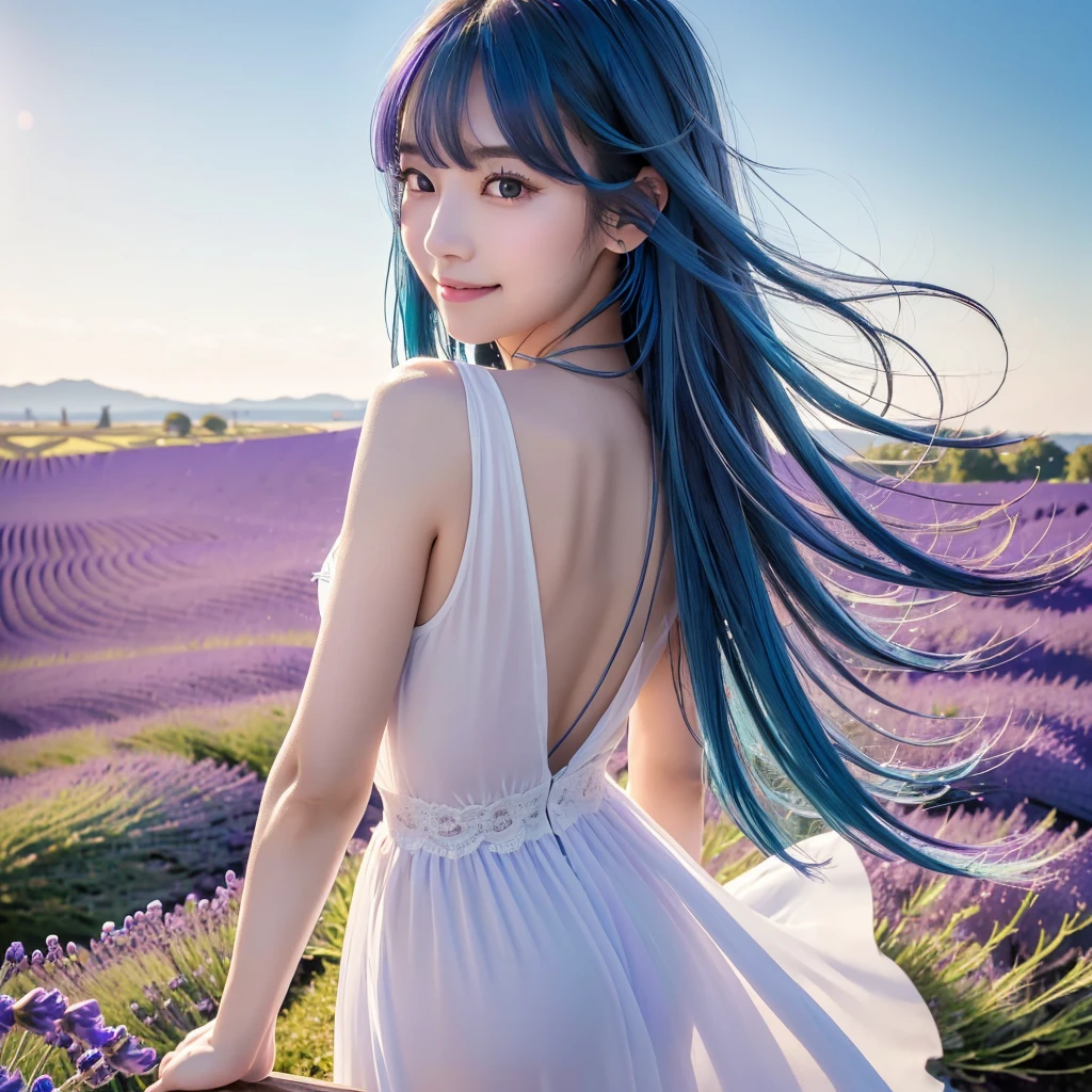 (Highest quality, 32K, High resolution, Masterpiece:1.5), marimo_jet, god々A photograph with brilliant dazzling and healing power., Evoking a sense of calm and elusive beauty, Expressing emotions, Have a rich imagination, Beautiful Japanese Girls, An exceptionally beautiful face, ((Looking back:1.4)), Small Face Beauty, , Perfect Human Anatomy, Magical big eyes, Motherhood and generosity, Deep Love, fleeting smile, (shiny blue hair:1.2), Super long hair swaying in the wind, Asymmetrical bangs, Hair between the eyes, Transparent, soft white skin, Sharp eyebrows, Thin lashes, ((Natural Makeup:1.3)), White dress, High resolutionの完璧な鎖骨, High resolutionの美しい胸元, Slim figure with ample breasts, High resolutionの美しい太もも, ((Distant Horizon:1.5)), ((Lavender fields stretching to the horizon:1.3)), Beautiful detailed blue sky, Professional photographer, Professional Lighting, Professional models