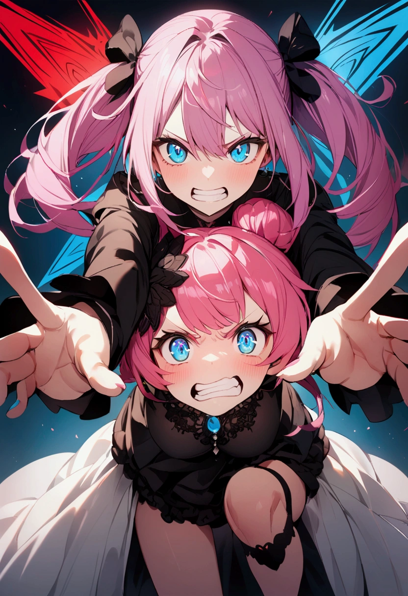 Showing teeth、Yes、Get angry、hate、Girl with pink hair、blue eyes、Twin Drill