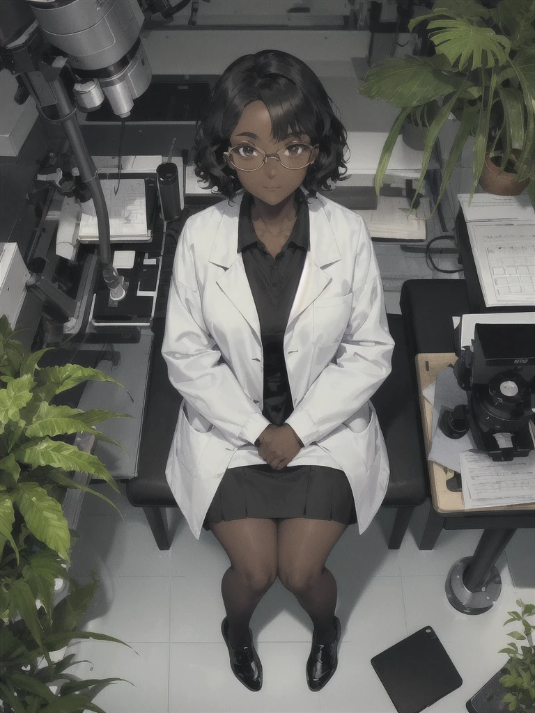 dark-skinned girl. Round glasses on the face. Black curly bob hair. Brown eyes. Wears a white medical coat, black skirt, black stockings and black shoes. biologist. Sitting near the microscope. Around the plant, flowers, notepads.