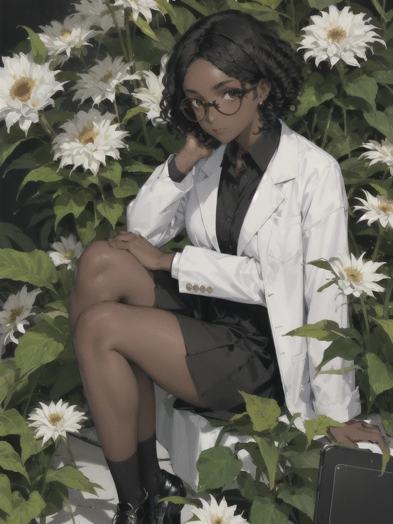dark-skinned girl. Round glasses on the face. Black curly bob hair. Brown eyes. Wears a white medical coat, black skirt, black stockings and black shoes. biologist. Sitting near the microscope. Around the plant, flowers, notepads.