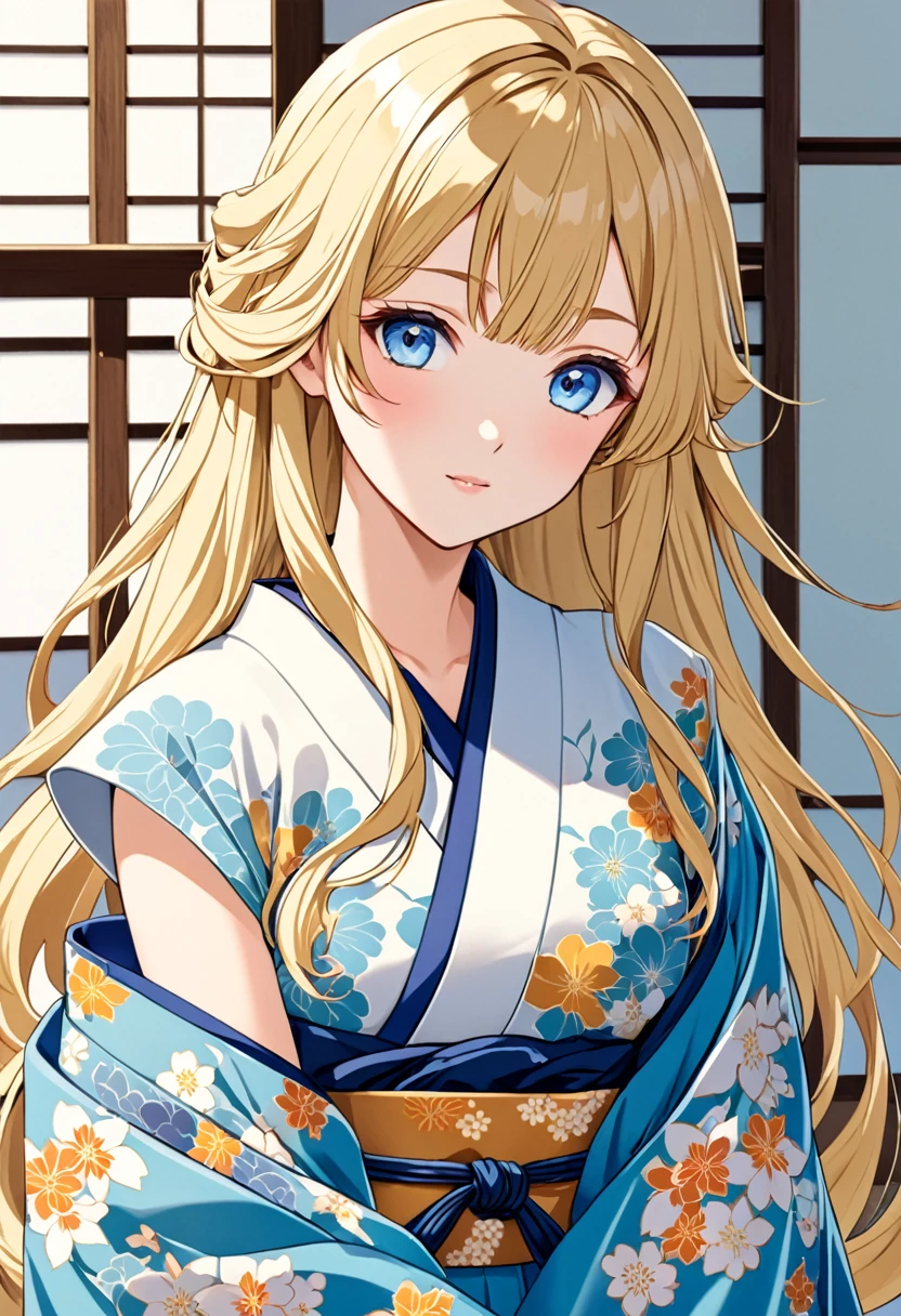 Anime young woman, blonde hair, fringe reparted in three parts, long and waivy hair, light and bright blue eyes, vintage royal Japanese clothes, volumous chest