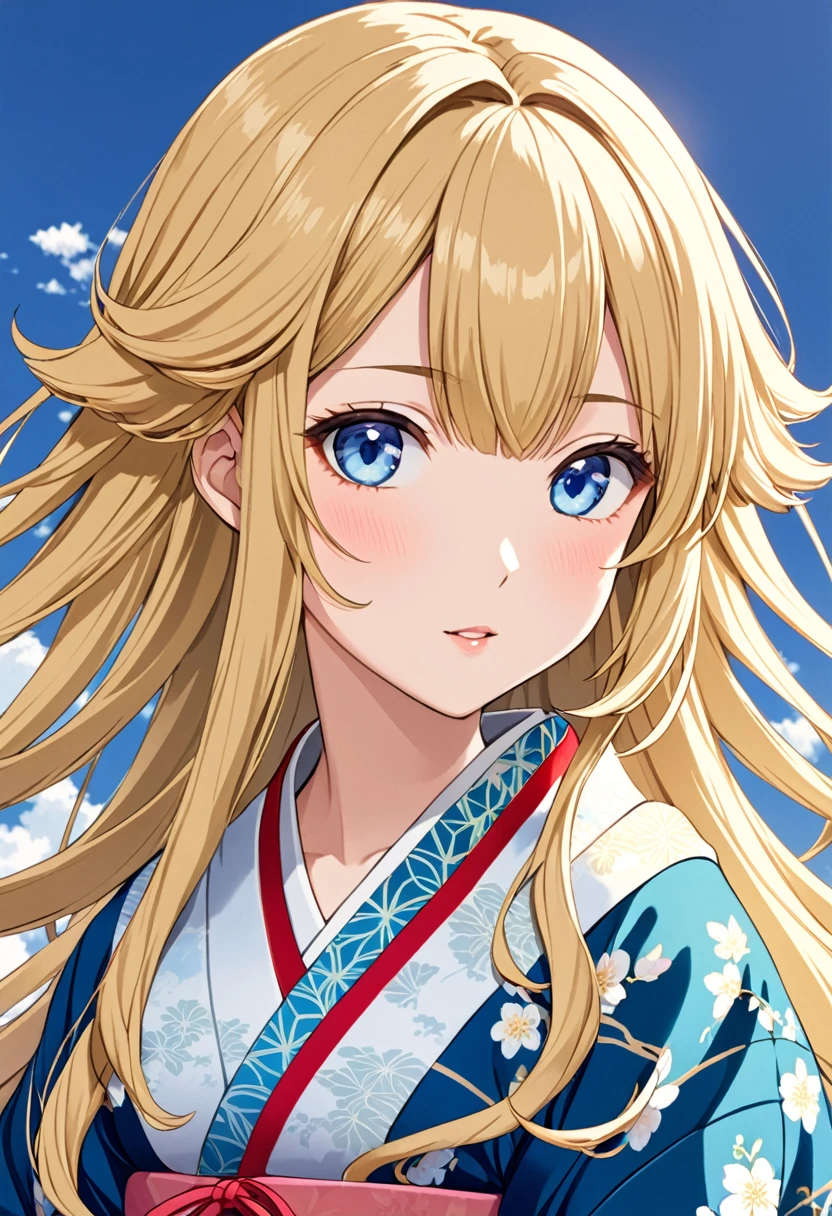 Anime young woman, blonde hair, fringe reparted in three parts, long and waivy hair, light and bright blue eyes, vintage royal Japanese clothes, volumous chest