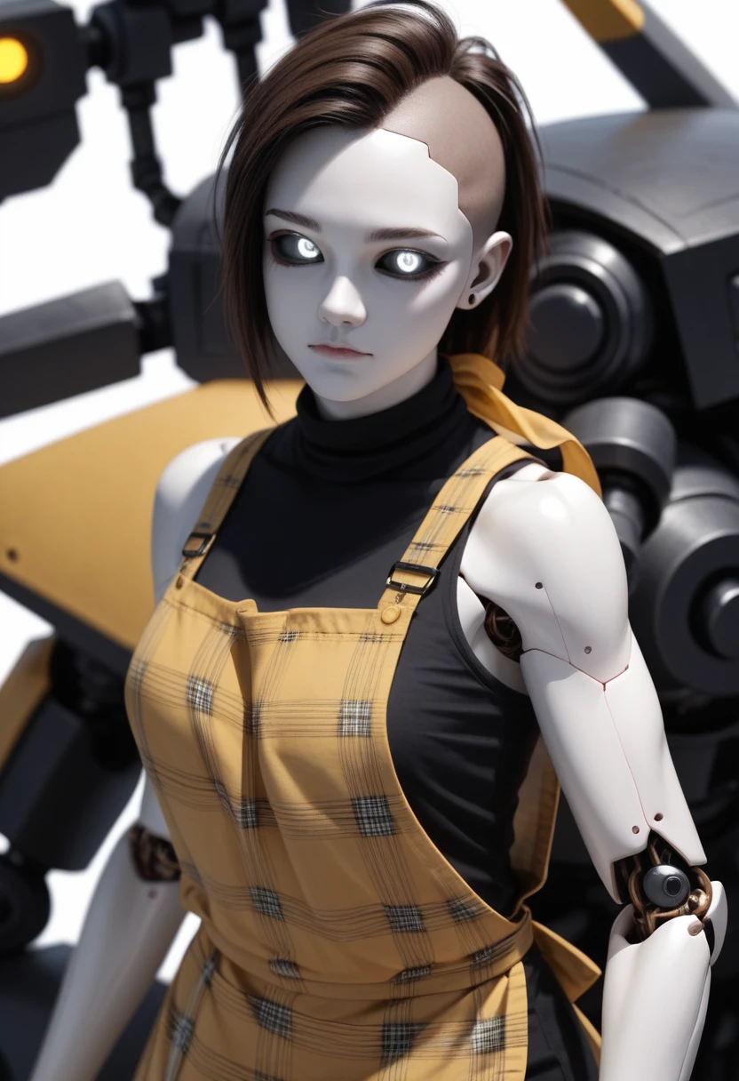 (celiaxl, 1girl, brown hair, grey eyes, plaid apron, dark punk clothes, black tank top, yellow bandana, portrait, Robot girl, Mecha, Android, mechanical limbs, robot joints, metal pale skin, black sclera, no mouth, glowing eyes, no face), score_9, score_8_up, score_7_up