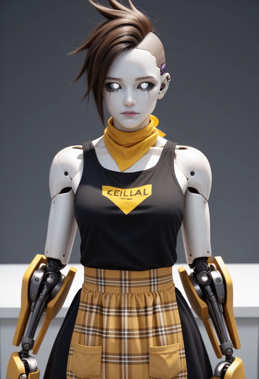 (celiaxl, 1girl, brown hair, grey eyes, plaid apron, dark punk clothes, black tank top, yellow bandana, portrait, Robot girl, Mecha, Android, mechanical limbs, robot joints, metal pale skin, black sclera, no mouth, glowing eyes, no face), score_9, score_8_up, score_7_up