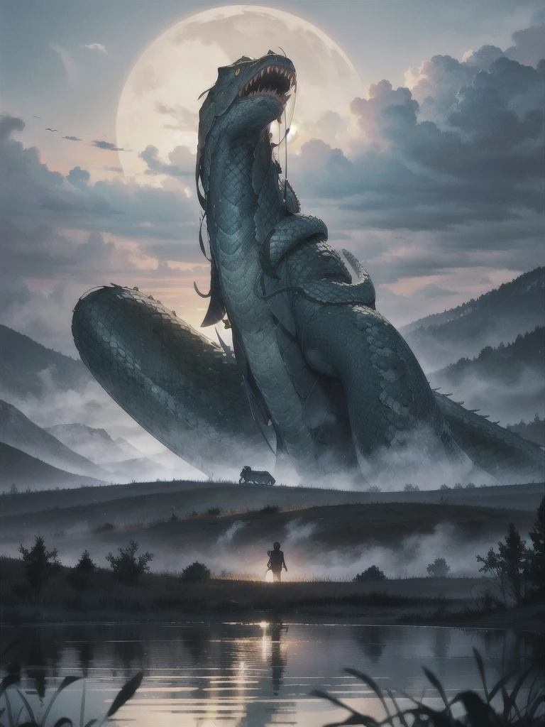 giant snake, emerging from a lake, at night, atmosphere, fog