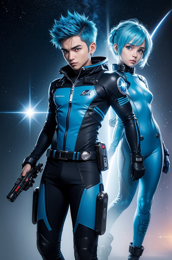 Create a comic book image of a young outer space adventurer, with spiky blue hair that shines like stars. He wears a bright blue tech suit with luminescent buttons and a pair of anti-gravity boots.. Her big eyes are deep blue, reflecting the infinite curiosity he has for the unknown. He carries a star-shaped multipurpose device on his belt., which serves as both a scanner and a universal communicator.
