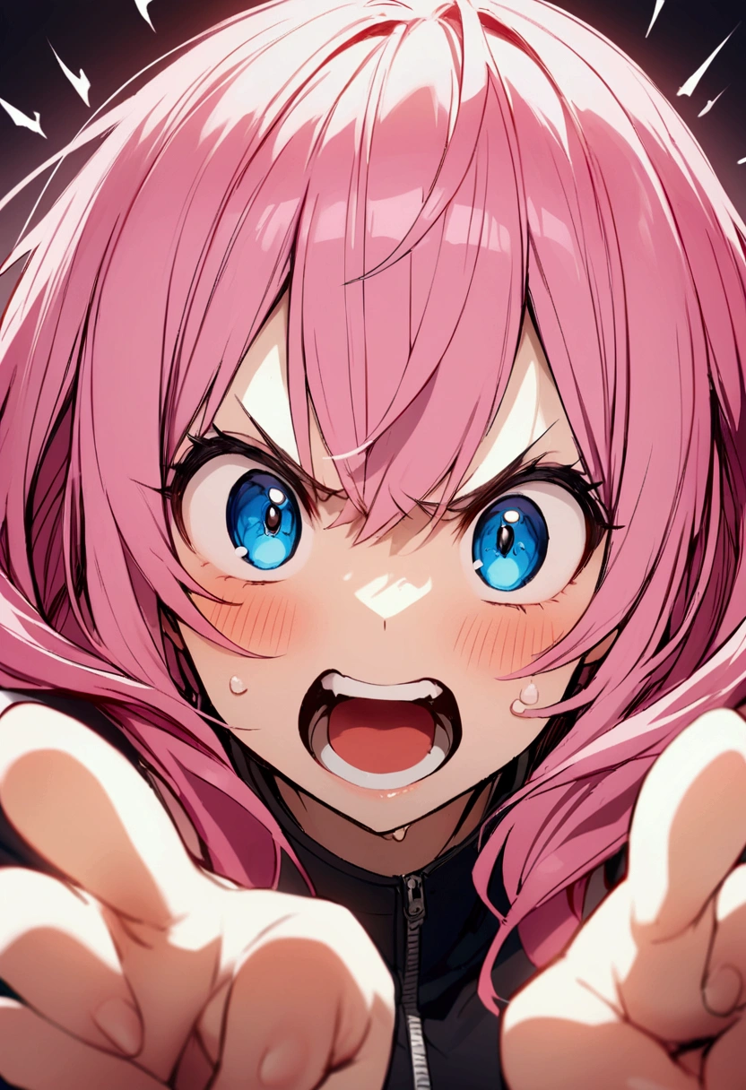 Scold、Pointing with one hand、Puff out your cheeks、Pink haired woman、blue eyes