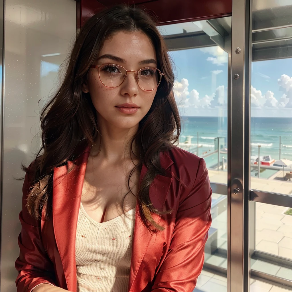 Create a very realistic and beautiful model with the following detailed features: Gender: Female, Age: Young adult (approximately 20-25 years old), Hair: Long, wavy and reddish with a natural shine, gently cascading around the shoulders and back back. . . . . . . . . . . . . . , Eyes: Bright green with a captivating, slightly almond-shaped look, detailed with natural highlights, Skin: Fair complexion with a light texture, including natural freckles on the nose and cheeks, giving a youthful and vibrant appearance: Fair complexion with a light texture, including natural freckles on the nose and cheeks, giving a youthful and lively appearance, Face: with a smooth and natural contour, soft and full lips with a slight pinkish tint and a slightly delicate upturned nose, Expression : a gentle face, with a touch of mischief, which conveys warmth and approachability, Clothing: in a red suit and red sunglasses standing in an accentor, wearing a red suit, a red suit, a red outfit, a red suit and glasses, a simple red suit, a silky red outfit, fashionable red clothes, a Girl in a suit, wears red clothes, Girl in a suit, Smooth red tight-fitting suit, wears an elegant outfit, haute couture chic, All red , Background: the model is in props, departure in elevator, elevator, elevator Pose: relaxed and confident posture, departure on an open roof, end of sunny day, sea view in the background. aesthetic, Unsplash, Neoclassicism, Complex background, Best quality, hyper detailed, Gratty Sita, 64K, Light design