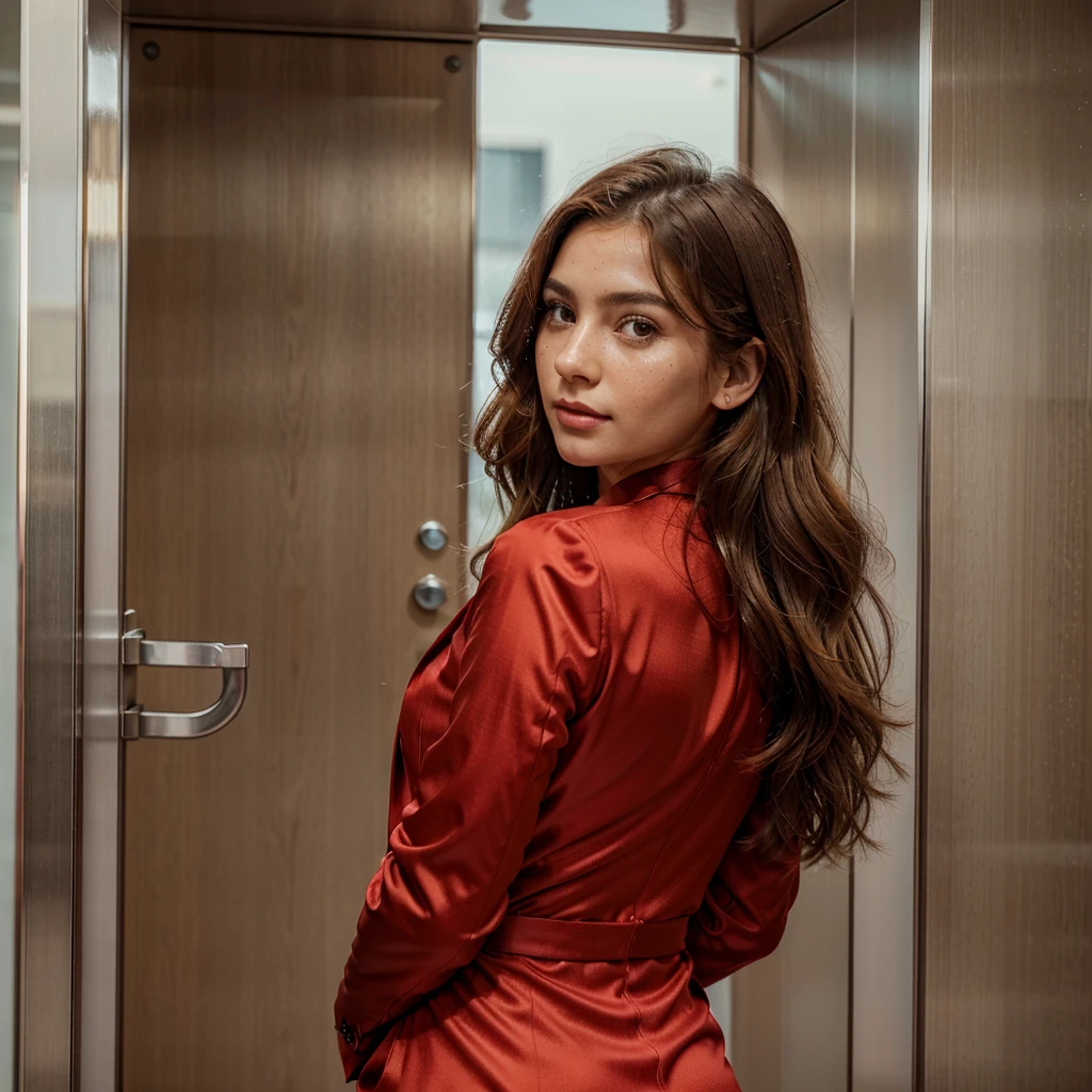 Create a very realistic and beautiful model with the following detailed features: Gender: Female, Age: Young adult (approximately 20-25 years old), Hair: Long, wavy and reddish with a natural shine, gently cascading around the shoulders and back back. . . . . . . . . . . . . . , Eyes: Bright green with a captivating, slightly almond-shaped look, detailed with natural highlights, Skin: Fair complexion with a light texture, including natural freckles on the nose and cheeks, giving a youthful and vibrant appearance: Fair complexion with a light texture, including natural freckles on the nose and cheeks, giving a youthful and lively appearance, Face: with a smooth and natural contour, soft and full lips with a slight pinkish tint and a slightly delicate upturned nose, Expression : a gentle face, with a touch of mischief, which conveys warmth and approachability, Clothing: in a red suit and red sunglasses standing in an accentor, wearing a red suit, a red suit, a red outfit, a red suit and glasses, a simple red suit, a silky red outfit, fashionable red clothes, a Girl in a suit, wears red clothes, Girl in a suit, Smooth red tight-fitting suit, wears an elegant outfit, haute couture chic, All red , Background: the model is in props, departure in elevator, elevator, elevator Pose: relaxed and confident posture, departure on an open roof, end of sunny day, sea view in the background. aesthetic, Unsplash, Neoclassicism, Complex background, Best quality, hyper detailed, Gratty Sita, 64K, Light design