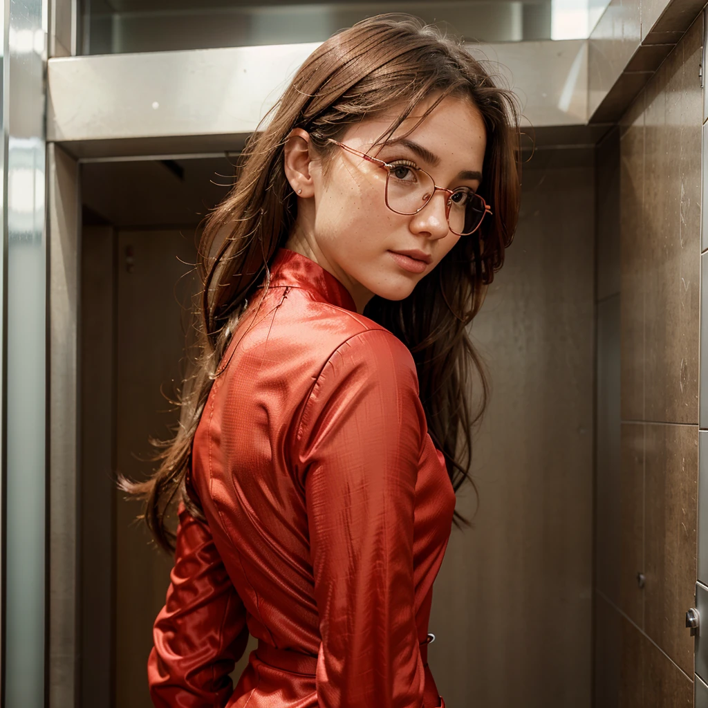 Create a very realistic and beautiful model with the following detailed features: Gender: Female, Age: Young adult (approximately 20-25 years old), Hair: Long, wavy and reddish with a natural shine, gently cascading around the shoulders and back back. . . . . . . . . . . . . . , Eyes: Bright green with a captivating, slightly almond-shaped look, detailed with natural highlights, Skin: Fair complexion with a light texture, including natural freckles on the nose and cheeks, giving a youthful and vibrant appearance: Fair complexion with a light texture, including natural freckles on the nose and cheeks, giving a youthful and lively appearance, Face: with a smooth and natural contour, soft and full lips with a slight pinkish tint and a slightly delicate upturned nose, Expression : a gentle face, with a touch of mischief, which conveys warmth and approachability, Clothing: in a red suit and red sunglasses standing in an accentor, wearing a red suit, a red suit, a red outfit, a red suit and glasses, a simple red suit, a silky red outfit, fashionable red clothes, a Girl in a suit, wears red clothes, Girl in a suit, Smooth red tight-fitting suit, wears an elegant outfit, haute couture chic, All red , Background: the model is in props, departure in elevator, elevator, elevator Pose: relaxed and confident posture, departure on an open roof, end of sunny day, sea view in the background. aesthetic, Unsplash, Neoclassicism, Complex background, Best quality, hyper detailed, Gratty Sita, 64K, Light design