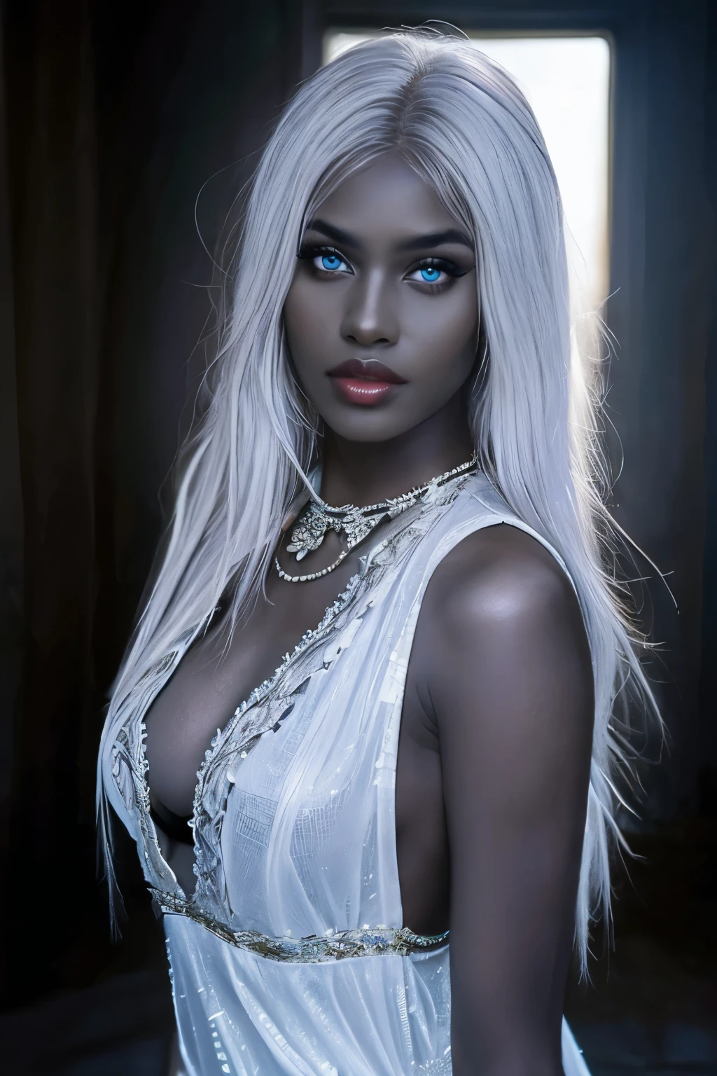 Portrait of a dark elf drow beautiful ager, Sydney Cole, minthara, intricate dress, soft smile, huge natural lips, short silver white hair, blue-grey eyes, dark colored skin, cleavage, huge heaving breasts, realism, digital painting, concept art, smooth, sharp focus, rule of thirds, Style-Psycho