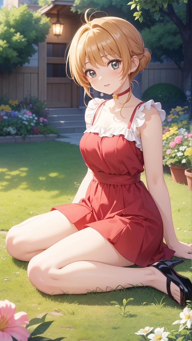 masterpiece, best quality, highres, 1girl, detailed face, blush, anime CG style, (medium breasts), (18 year old girl:1.3), (aged up), good lighting, perfect body, sakura kinomoto, glossy lips, looking at viewer, garden, dress, sitting, heels