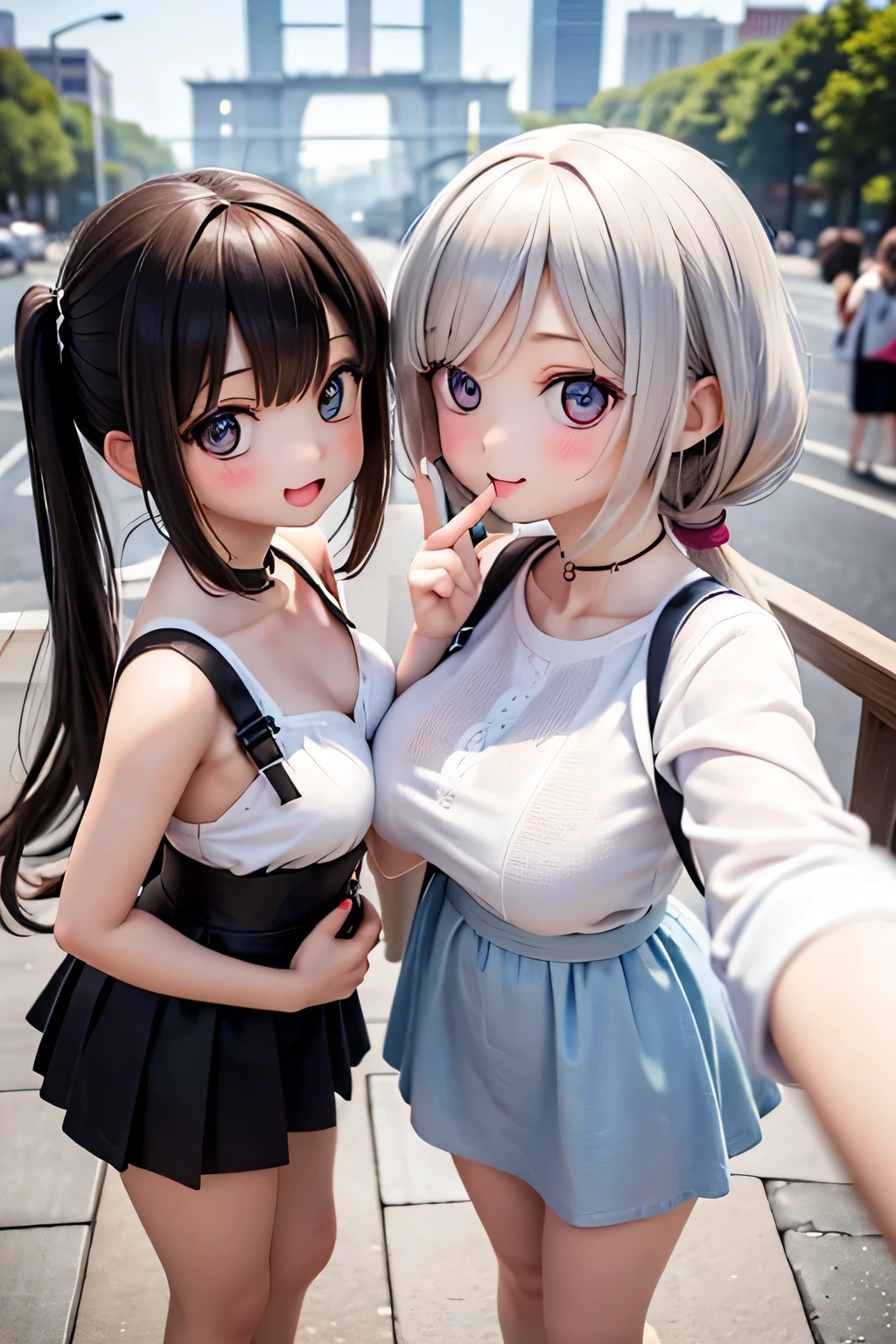 Highest quality、High resolution、Detailed Background、(Beautiful face in every detail:1.4)、Detailed facial expressions、Anatomically correct、(Detailed eyes:1.2)、Teenage beauty、(Huge breasts:1.2)、cute hair color、Braided Ponytail、Braided bob cut、Braided twin tails、Perfect body line、
cute gesture、Innocent joy、A fun atmosphere、In a joking manner、

(Three beautiful girls having fun taking a selfie together with their friends:1.5)、

Odaiba Seaside Park is a park by the sea where you can take selfies with the Rainbow Bridge and Tokyo Tower in the background.、
You can take selfies at Sensoji Temple&#39;s Kaminarimon Gate and Nakamise Street in a traditional Japanese atmosphere.、
Omotesando is lined with stylish cafes and shops, so you can take selfies with the streetscape in the background.、cute