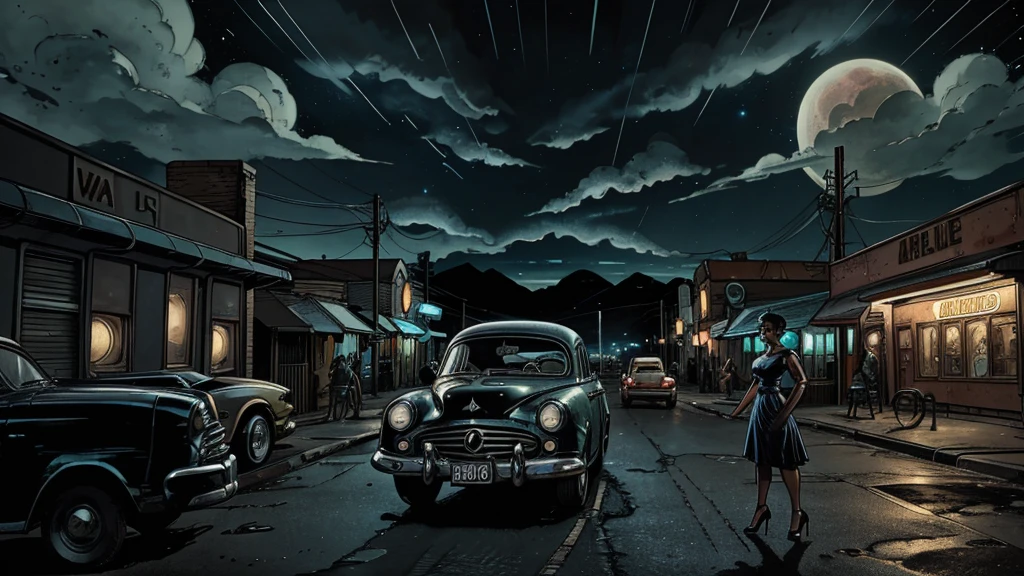 Alien encounter in the 1950s: A shocked housewife with a narrow waist, large breasts, and a classic 50s hairstyle stands frozen, staring wide-eyed at multiple small extraterrestrial beings. The aliens have oversized heads, enormous black almond-shaped eyes, gray skin, and spindly limbs. They're holding bizarre, glowing alien devices. The scene is set in a vibrant 1950s street with an abandoned vintage car, old-fashioned buildings, and neon signs. Dramatic clouds loom in the sky. The image should be hyper-realistic, with popping colors, high contrast, cinematic lighting, and ultra-detailed 8k resolution. Focus on the aliens and the housewife's reaction to them. 