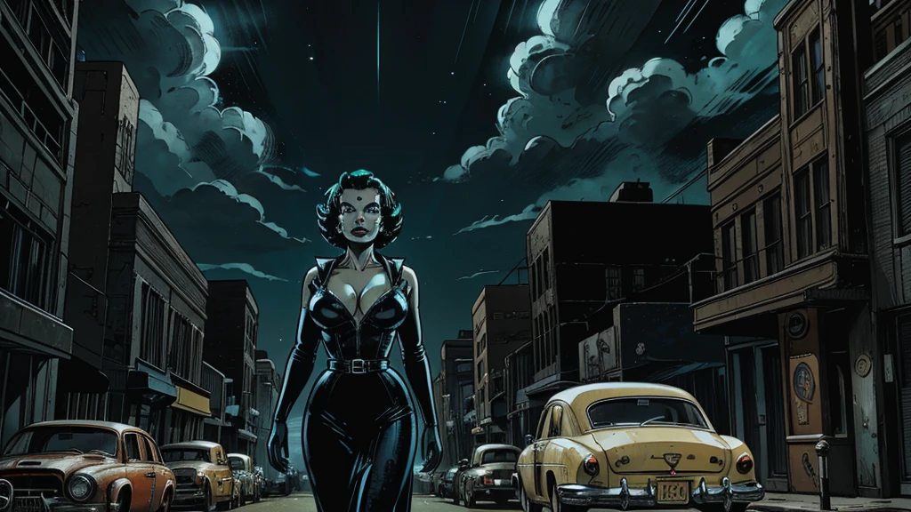 Alien encounter in the 1950s: A shocked housewife with a narrow waist, large breasts, and a classic 50s hairstyle stands frozen, staring wide-eyed at multiple small extraterrestrial beings. The aliens have oversized heads, enormous black almond-shaped eyes, gray skin, and spindly limbs. They're holding bizarre, glowing alien devices. The scene is set in a vibrant 1950s street with an abandoned vintage car, old-fashioned buildings, and neon signs. Dramatic clouds loom in the sky. The image should be hyper-realistic, with popping colors, high contrast, cinematic lighting, and ultra-detailed 8k resolution. Focus on the aliens and the housewife's reaction to them.