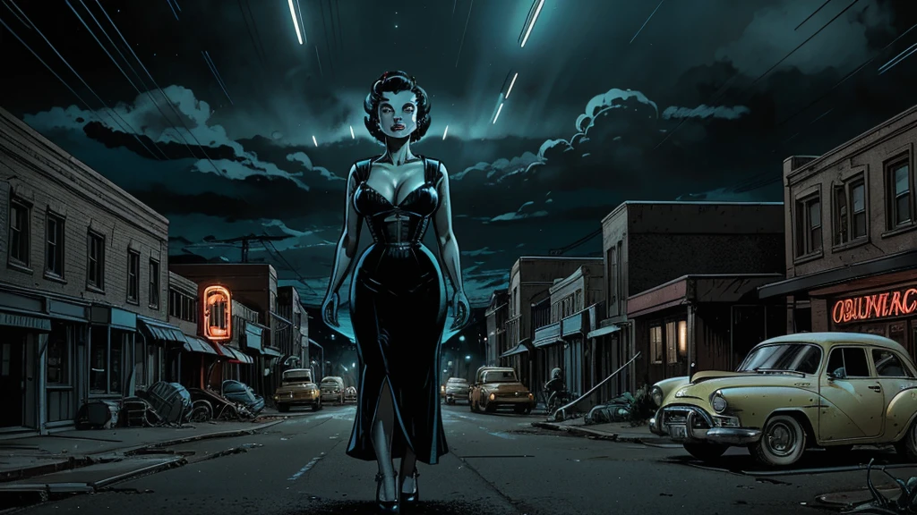 Alien encounter in the 1950s: A shocked housewife with a narrow waist, large breasts, and a classic 50s hairstyle stands frozen, staring wide-eyed at multiple small extraterrestrial beings. The aliens have oversized heads, enormous black almond-shaped eyes, gray skin, and spindly limbs. They're holding bizarre, glowing alien devices. The scene is set in a vibrant 1950s street with an abandoned vintage car, old-fashioned buildings, and neon signs. Dramatic clouds loom in the sky. The image should be hyper-realistic, with popping colors, high contrast, cinematic lighting, and ultra-detailed 8k resolution. Focus on the aliens and the housewife's reaction to them.