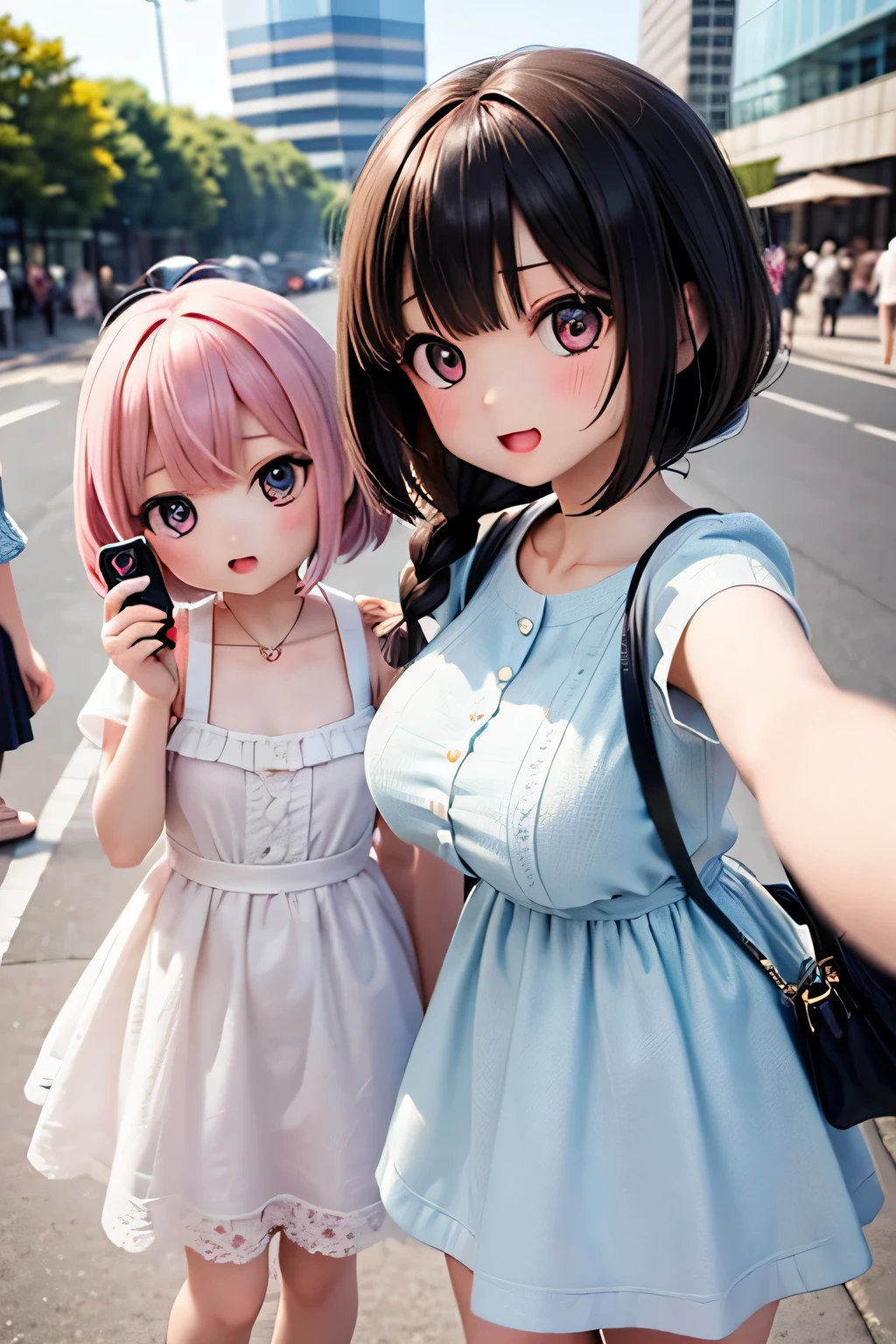 Highest quality、High resolution、Detailed Background、(Beautiful face in every detail:1.4)、Detailed facial expressions、Anatomically correct、(Detailed eyes:1.2)、age beauty、(Huge breasts:1.2)、cute hair color、Braided Ponytail、Braided bob cut、Braided twin tails、Perfect body line、
cute gesture、Innocent joy、A fun atmosphere、In a joking manner、
(Three beautiful girls having fun taking a selfie together with their friends:1.5)、
Odaiba Seaside Park is a park by the sea where you can take selfies with the Rainbow Bridge and Tokyo Tower in the background.、
You can take selfies at Sensoji Temple's Kaminarimon Gate and Nakamise Street in a traditional Japanese atmosphere.、
Omotesando is lined with stylish cafes and shops, so you can take selfies with the streetscape in the background.、cute