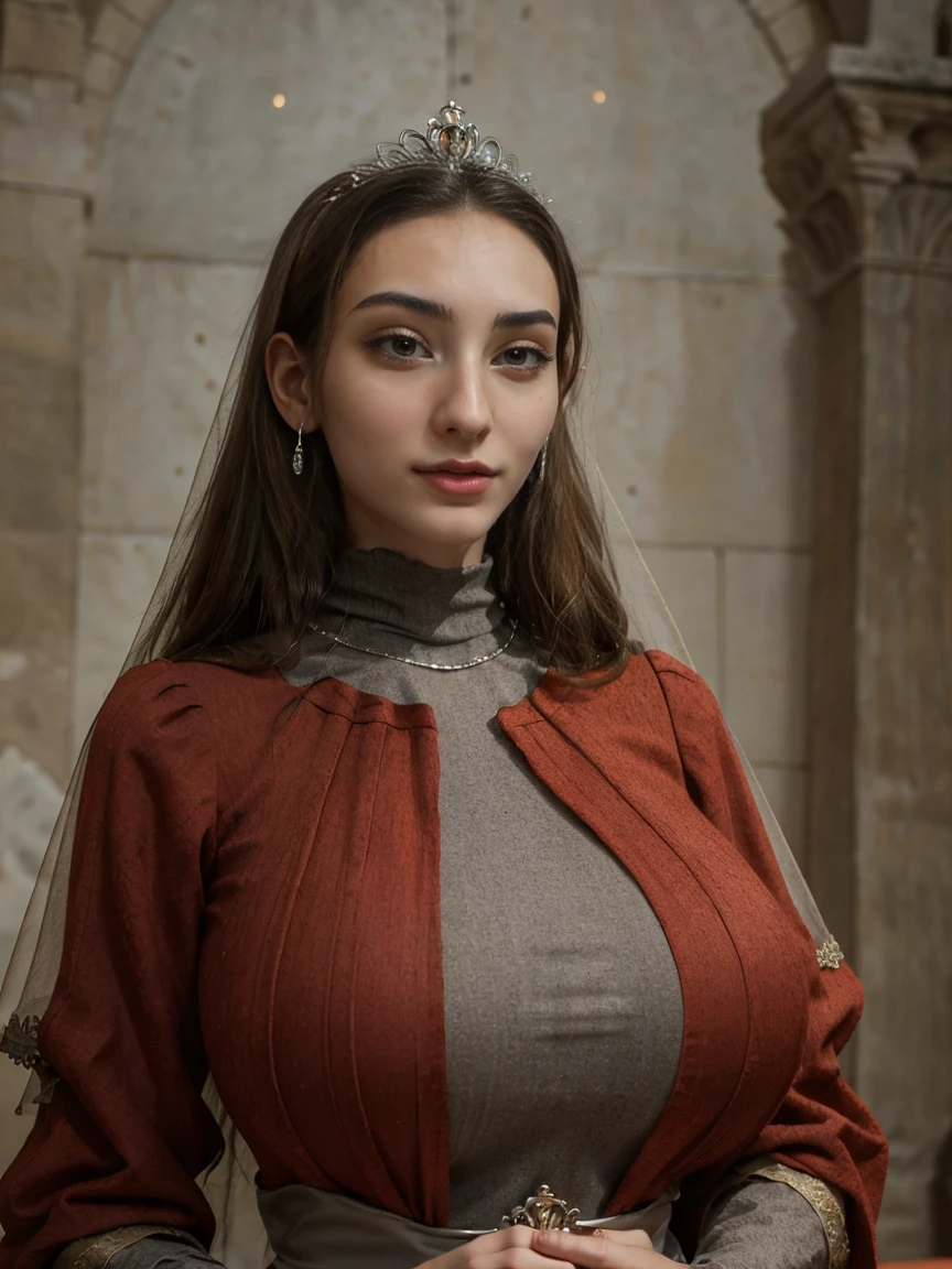 Beautiful and regal, imperious and aloof, busty athletic (thin) brunette queen with sharp facial features wearing a modest updo, dark red medieval dress, long sleeves, intricate patterns, scrollwork, wide neck, crown, veil, long dress, modest dress, tight bodice, (silver waist chain), medieval jewelry, Middle Ages, castle, rampart, wall, stained glass