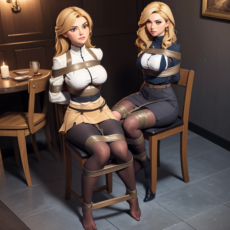 full body of (busty) brunette, ((tied up)), (tightly tied), ((( tied hands to back, rope wraps around body))), wearing formal suit, elegant, classy, ((barefoot ))), (((tied ankles together with ropes))), (((sit tied to a chair))), (((tiptoe))), (((perfect feet))), (((show full body))), hourglass slim figure, best fitting long pencil skirt, tight turtleneck top, waist belt, (tight skirt), big butt, wide hips, thick thighs, standing straight, seductive, breathtaking, skin texture, blonde, pantyhose, perfect skin, loft restaurant, highly detailed, fit model, struggling, natural colors, natural lighting, muted colors, 8k, professional photo, transgressive art, (looking at camera)