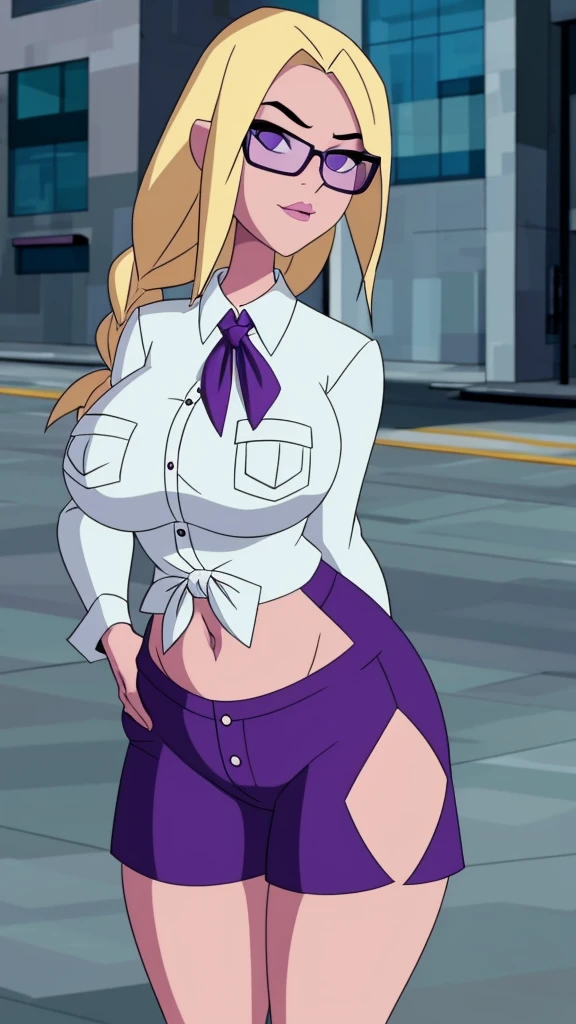 A beautiful sexy girl with a big breast, long round blonde hair, braids, her brown eye, big purple glasses, wearing a blouse, a light purple pocket with a button, tied knot, showing a navel and a blue shorts, a pocket with a black heel. 