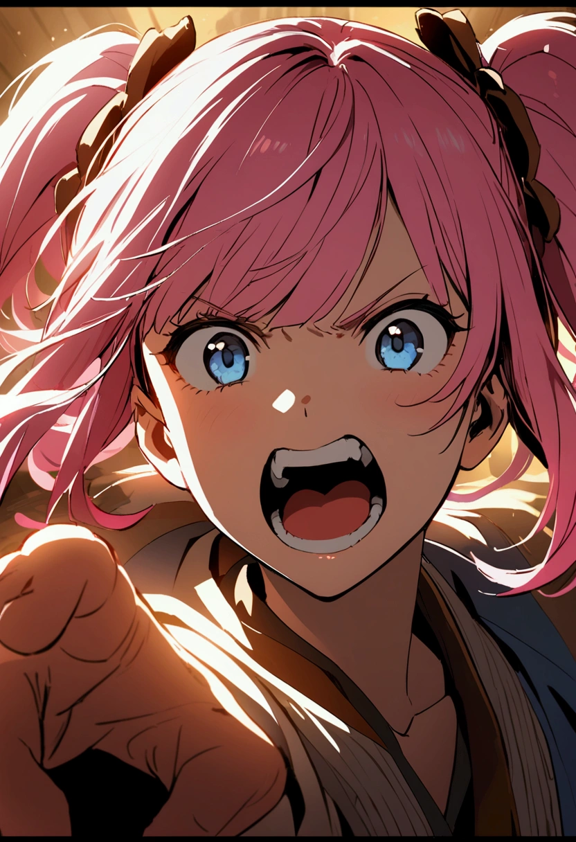 A scene from a movie、Showing teeth、Yes、Get angry、Upper Body、Girl with pink hair、blue eyes、Twin Drill