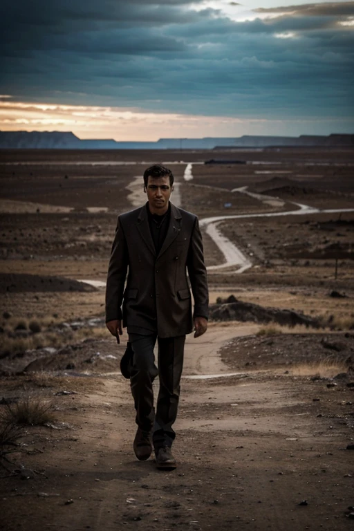a man in a desolate landscape, His face reflects anguish as he walks alone. It represents this man's attempt to escape his painful past., showing his hopelessness.