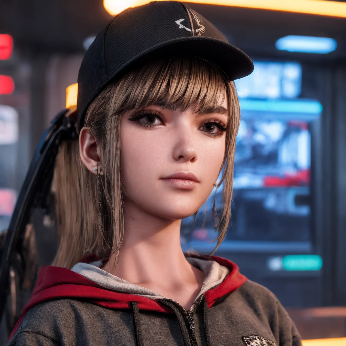 (masterpiece), best quality, expressive eyes, frontal pose, smile closed, perfect face,portrait face , Brown eyes, Eve, Short bob haircut, Stellar blade, Fringe hair, Athletic body, Ponytail hair, unreal engine skin:0.3,blushing cheeks:1.4, tight breast, looking at viewer,, cyberpunk bedroom, night, neon glow spothlighs in the walls, (snapback hat, Red hoodie hip hop clothes), high eyes details, 