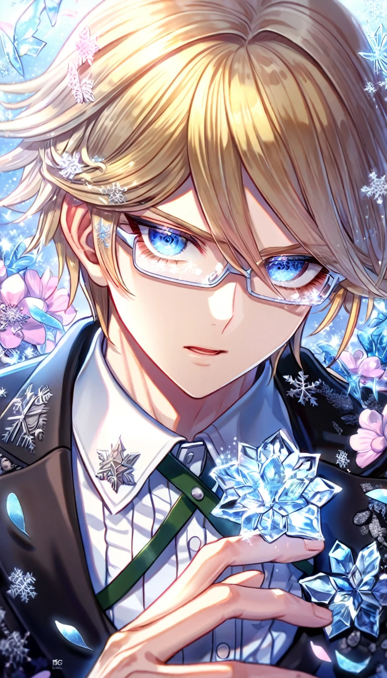 Ultra detailed, HDR, Highres, absurdres, master piece, Togami Byakuya, blonde hair, expressive blue eyes, white glasses, black jacket, white shirt, Danganronpa, handsome, ice glittering butterflies, ice, petals, ice pink glass flowers, glittering, fantasy, magical, snowflakes, cold, solo, sexy man,