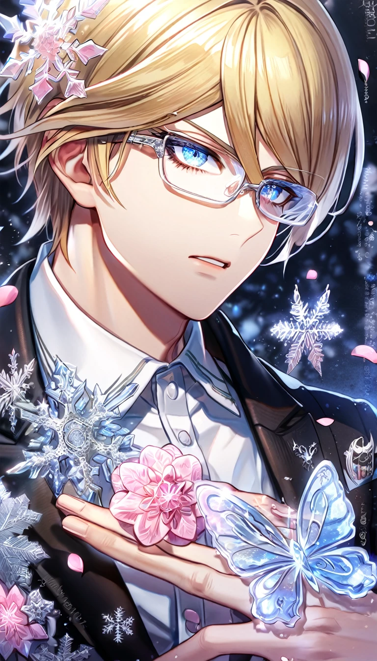 Ultra detailed, HDR, Highres, absurdres, master piece, Togami Byakuya, blonde hair, expressive blue eyes, white glasses, black jacket, white shirt, Danganronpa, handsome, ice glittering butterflies, ice, petals, ice pink glass flowers, glittering, fantasy, magical, snowflakes, cold, solo, sexy man,