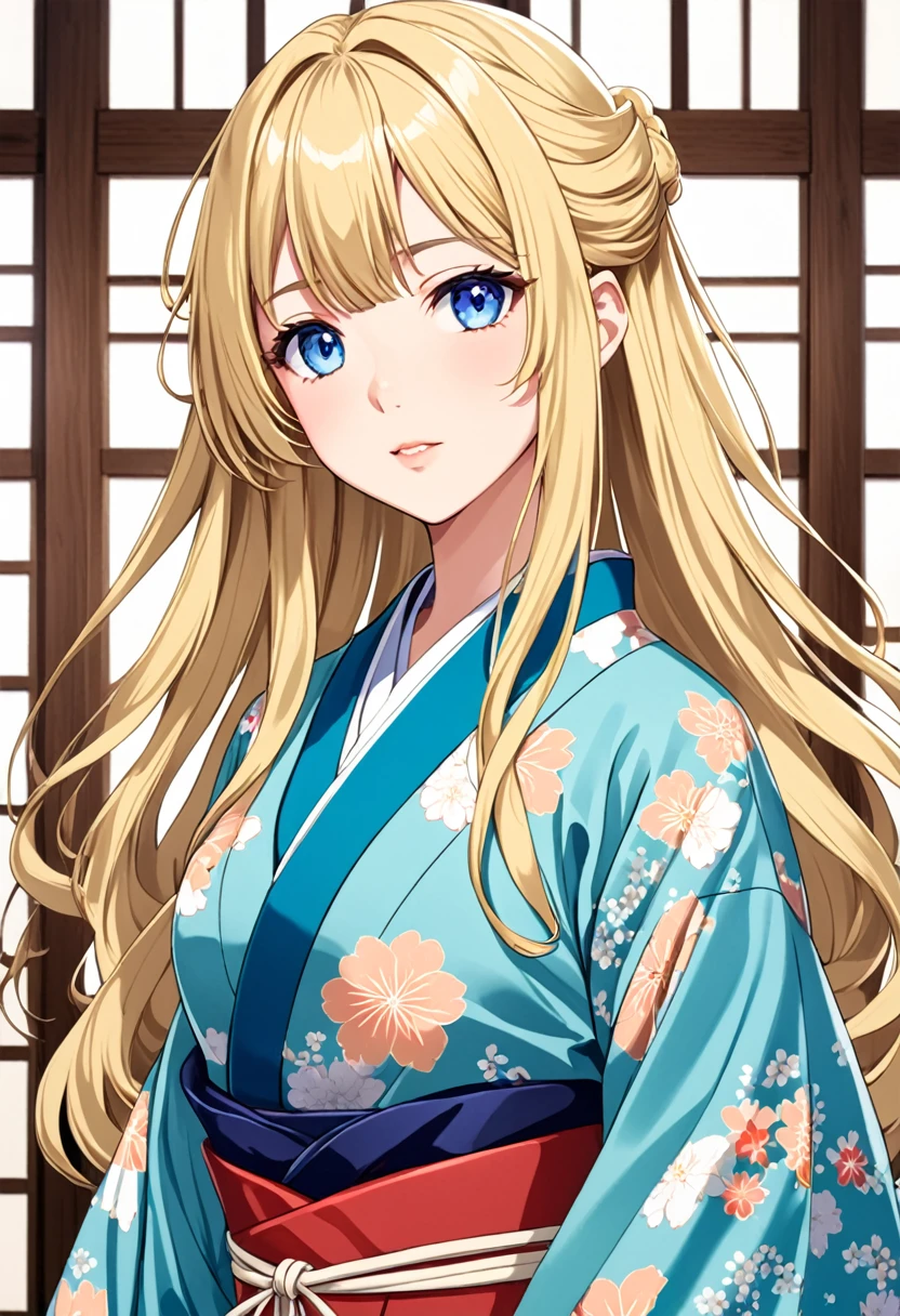Anime young woman, blonde hair, fringe reparted in three parts, long and waivy hair, light and bright blue eyes, vintage royal Japanese clothes, volumous chest