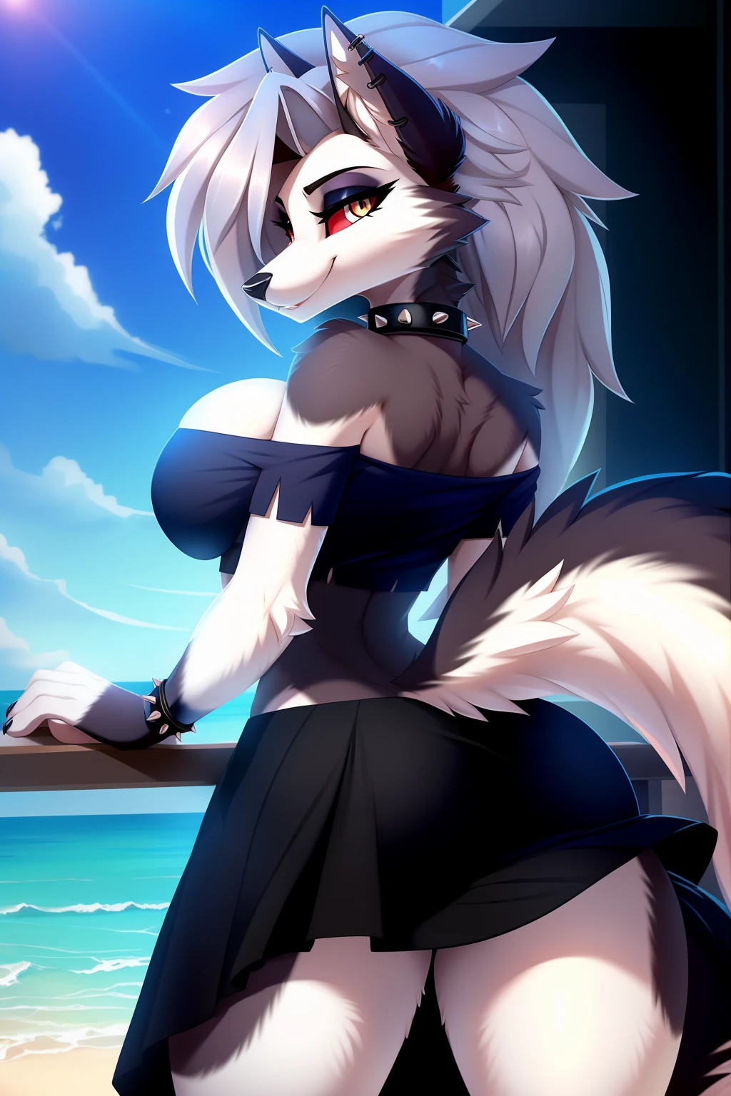 By zinfyuu on pixiv,by twistedscarlet60, uploaded on pixiv, by fluff-kevlar, (masterpiece), (best quality), (anthro furry:1.3, snout:1.2, anthro:1.3, furry:1.2, solo female:1.2), (extremely detailed:1.3), (Detailed eye part: White lens, red iris,black cornea), tall, slim body, sweet smile, wear Black tshirt and long skirt, loona, hellhound, busty, big breast, thick thighs, earrings, peircings, furry female, body fur, makeup, wolf ears, crop top, collar, spikes, jewelry, ear piercing, bracelet, wolf tail, ass from behind, butt, ass, round ass, bubble butt