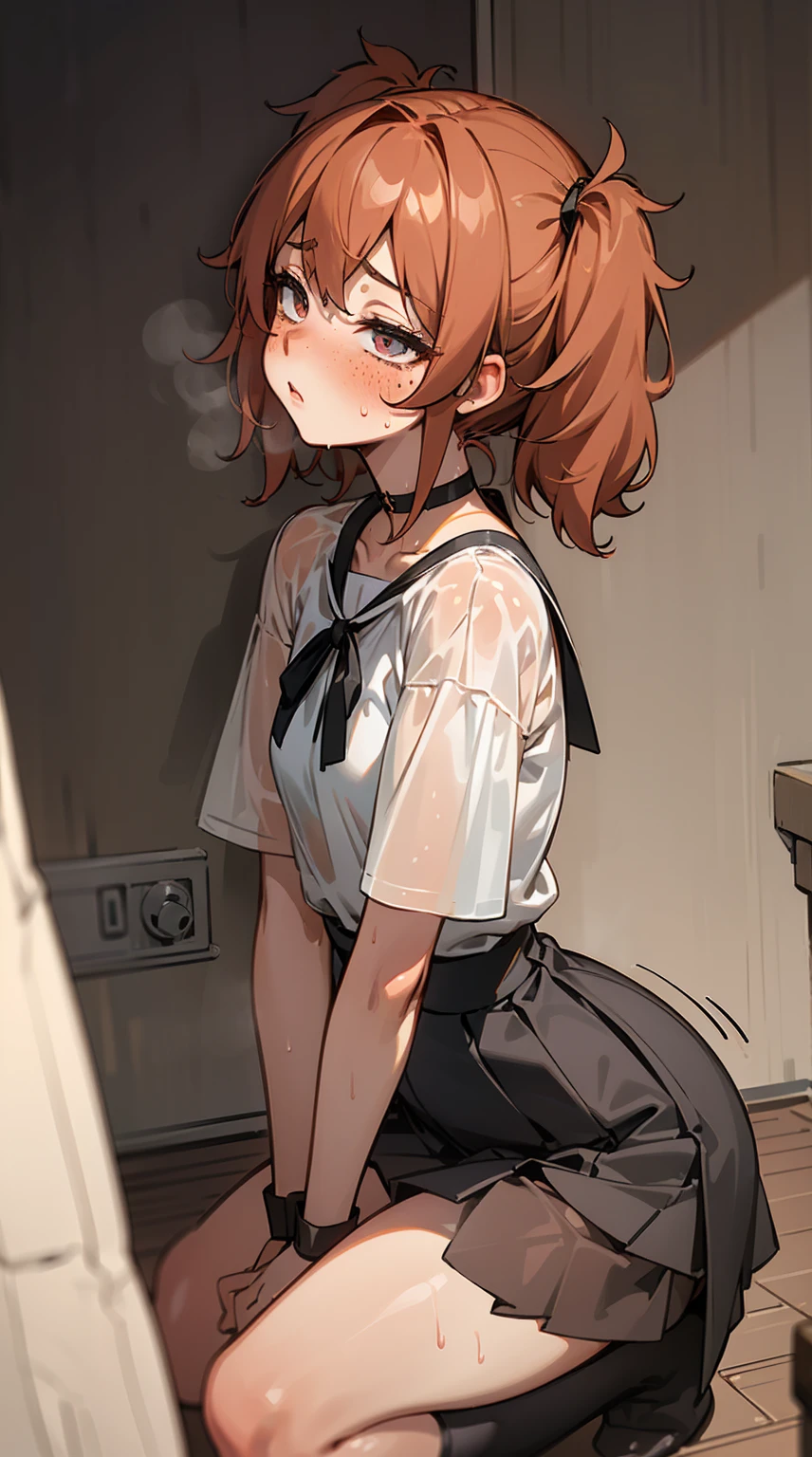 (masterpiece, best quality) (((8kbestqualitty))), ((intricatedetail)) ((blushing)),wet, sweaty, fair skin, redhead hair, short wavy hair, waifu freckles, ((submissive eyes)),choker, slutty woman nsfw outfit, ((messy hair)), short skirt, fishnet thighs, wet shirt, beautiful outfit, see through material, linen clothes, posing, , thick thighs, wet clothes, see through clothes, stockings, ((( diminutive waist))), birds eye view, pov, high angle, sideviewblowjob,pig tails, cute blushing face, open thighs, hands behind her,