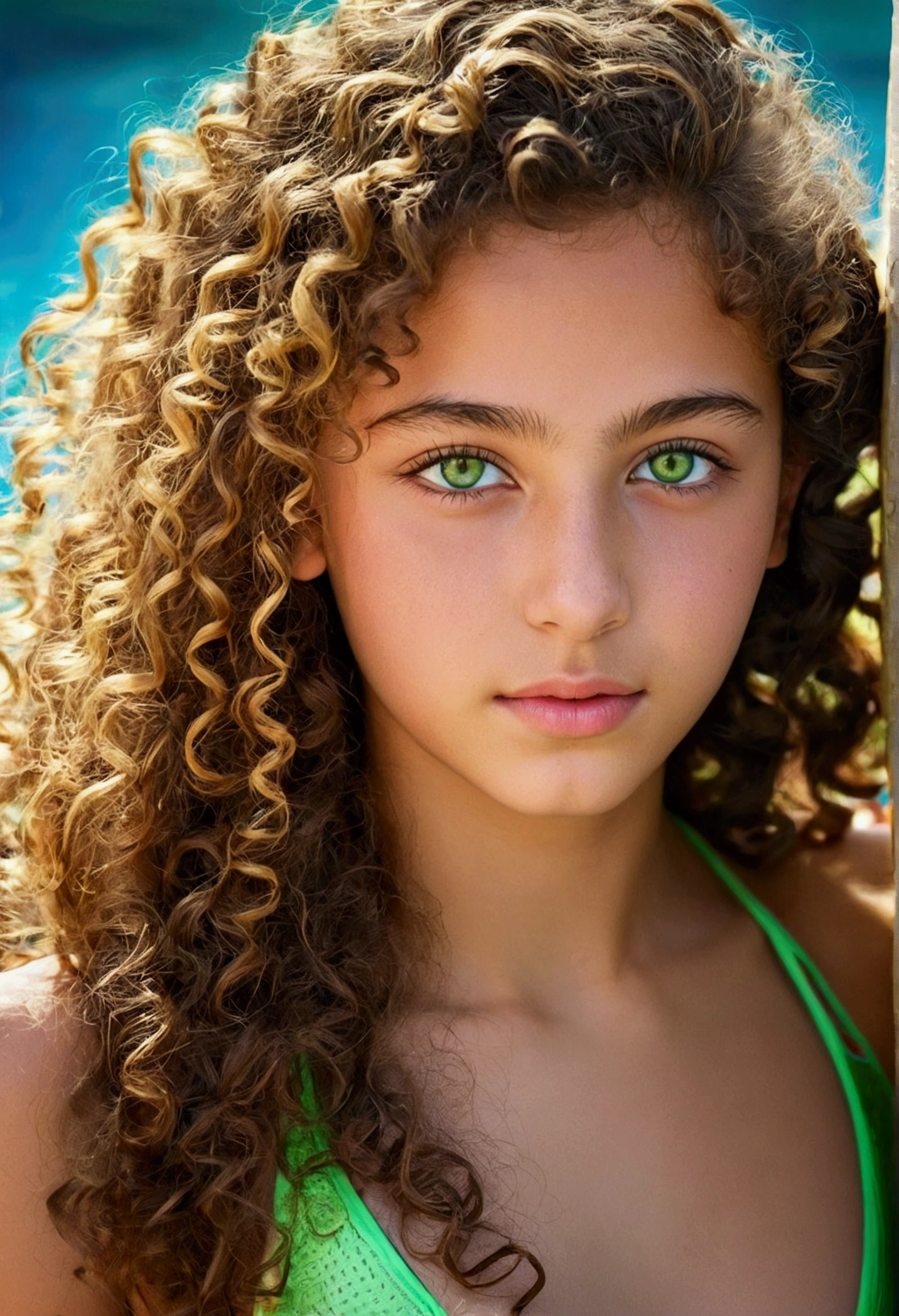 Moroccan ager very pretty green eyes very t long hair and curls. in swimming suit
