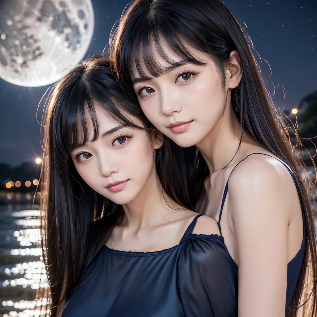 (Highest quality, 32K, High resolution, Masterpiece:1.5, ), marimo_jet, god々A photograph with brilliant dazzling and healing power., Evoking a sense of calm and elusive beauty, Expressing emotions, Have a rich imagination,Beautiful Japanese Girls, An exceptionally beautiful face, Small Face Beauty, Perfect Human Anatomy, Magical big eyes, Motherhood and generosity, Deep Love, fleeting smile, ((Shiny black hair:1.1)), ((Upset Hair:1.5)), Asymmetrical bangs, Hair between the eyes, Transparent, soft white skin, Sharp eyebrows, Thin lashes, Natural Makeup, Cheek highlighter, Pale pink detailed lips, ((Navy blue camisole:1.4)), ((Riverbed at night:1.4)), ((Beautiful starry sky and full moon:1.3)), Professional Lighting, Professional photographer, Professional models, god秘的