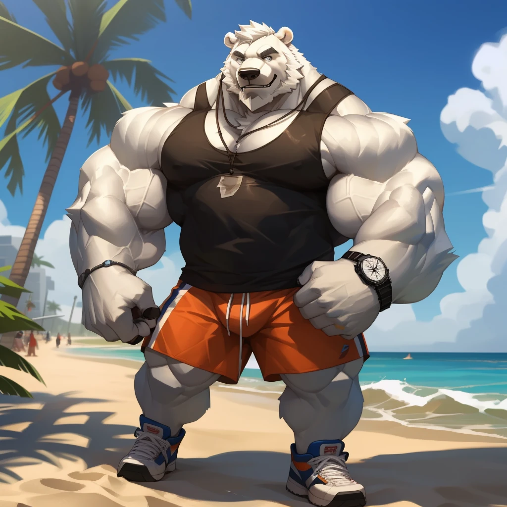 huge muscular polar bear in street city, big smile, polar bear, huge white fur, thick arm, huge arm, bearded. white hair and beard, bearded, (muscular, pectoral, wide pectoral, thick arms), beach, palm, realistic, 8k, masterpiece, (wearing white shorts, wristbabd, watch and tank top, shoes)