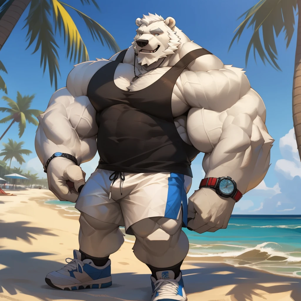 huge muscular polar bear in street city, big smile, polar bear, huge white fur, thick arm, huge arm, bearded. white hair and beard, bearded, (muscular, pectoral, wide pectoral, thick arms), beach, palm, realistic, 8k, masterpiece, (wearing white shorts, wristbabd, watch and tank top, shoes)