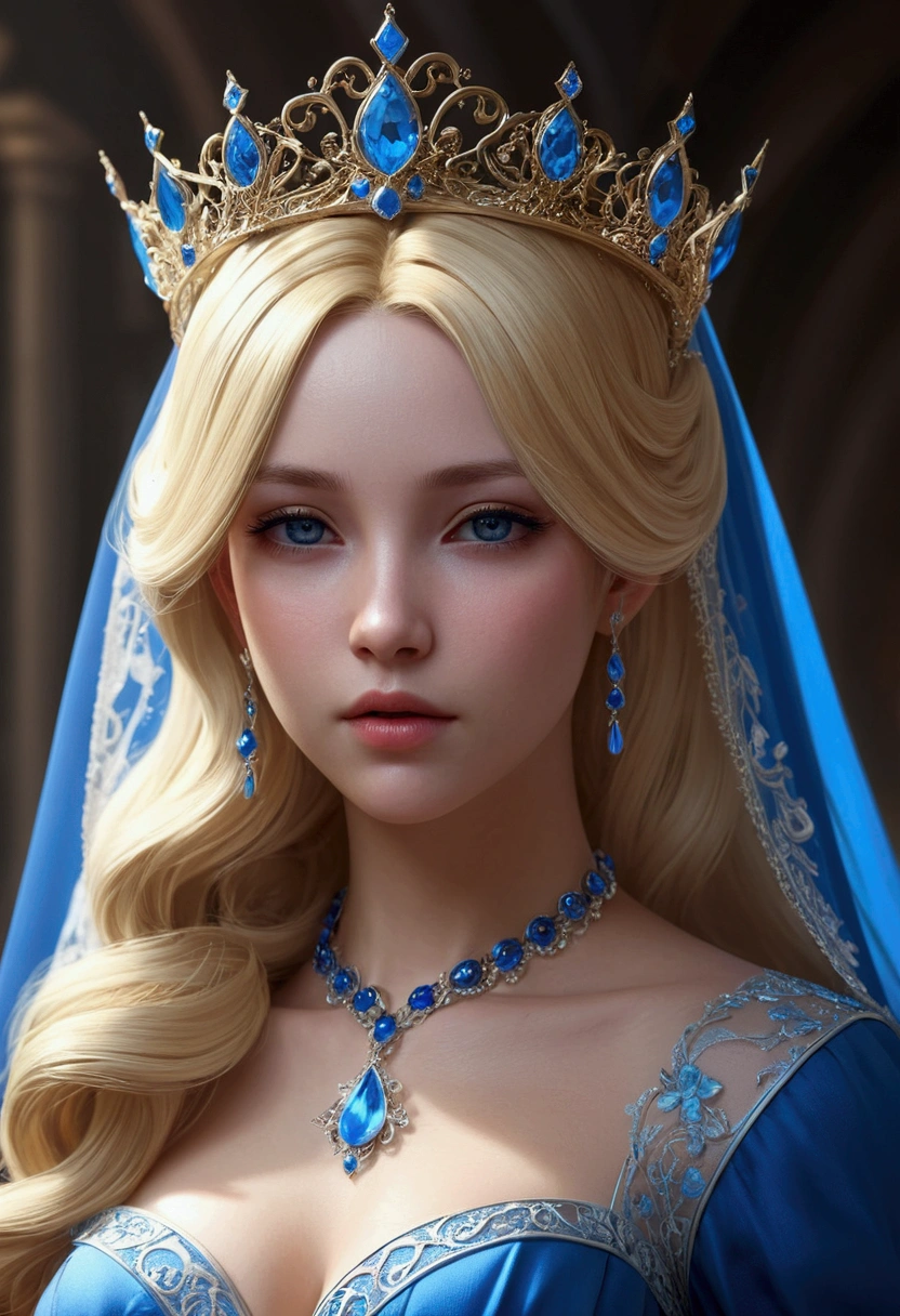 Blond-haired woman wearing blue dress with veil and veil on her head., Beautiful lady de fantasía, detailed fantasy art, beautiful fantasy art, blonde hair princess, Artgerm and ArtStation Pixiv, Beautiful lady, ((a beautiful fantasy empress)), 2. 5d cgi anime fantasy artwork, fantasy art style, detailed digital anime art, fantasy style art