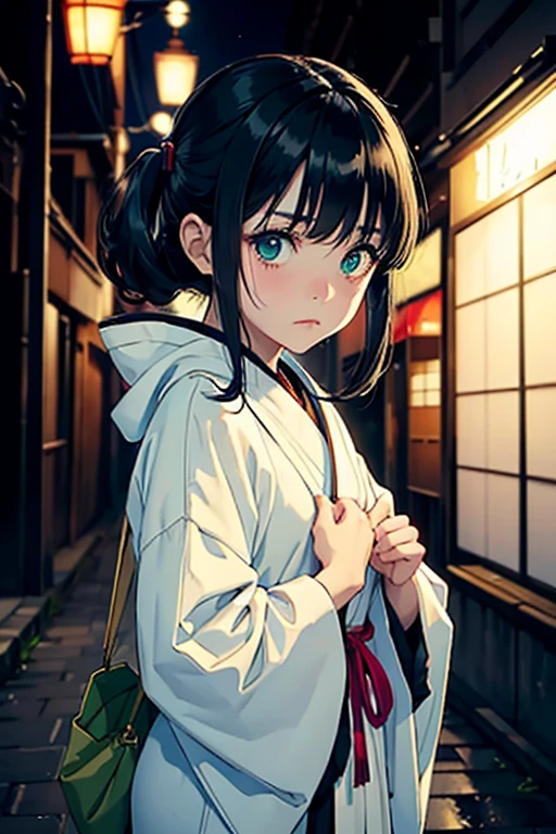 A small woman with black hair, white with green eyes, She has a sad expression, looking up in a dark old alley, she is wearing a simple yukatai