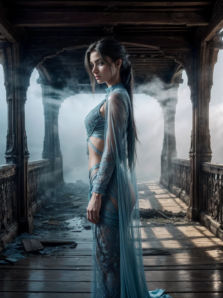 8k, Full body shot from the side of the beautiful Cortana, (Rot, complicated, Schier, TRANSPARENT, Translucent, skin-tight cloth), complicated, pretty face, Your skin should be pale and flawless, With a touch of transcendental beauty, It should express calm trust, (She stands on the bridge of an old town, (Only a hint of fog covers the destroyed city)), muito detalhado, digital hyperrealistic photography, hyperrealistic photography filigree, shyness, most beautiful face, masterpiece, side light, (finely detailed beautiful blue eyes: 1.2)