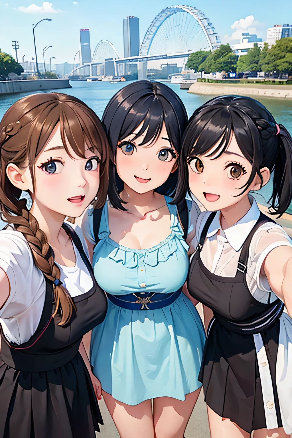 Highest quality、High resolution、Detailed Background、(Beautiful face in every detail:1.4)、Detailed facial expressions、Anatomically correct、(Detailed eyes:1.2)、age beauty、(Huge breasts:1.2)、cute hair color、Braided Ponytail、Braided bob cut、Braided twin tails、Perfect body line、
cute gesture、Innocent joy、A fun atmosphere、In a joking manner、
(Three beautiful girls having fun taking a selfie together with their friends:1.5)、
Odaiba Seaside Park is a park by the sea where you can take selfies with the Rainbow Bridge and Tokyo Tower in the background.、
You can take selfies at Sensoji Temple's Kaminarimon Gate and Nakamise Street in a traditional Japanese atmosphere.、
Omotesando is lined with stylish cafes and shops, so you can take selfies with the streetscape in the background.、cute