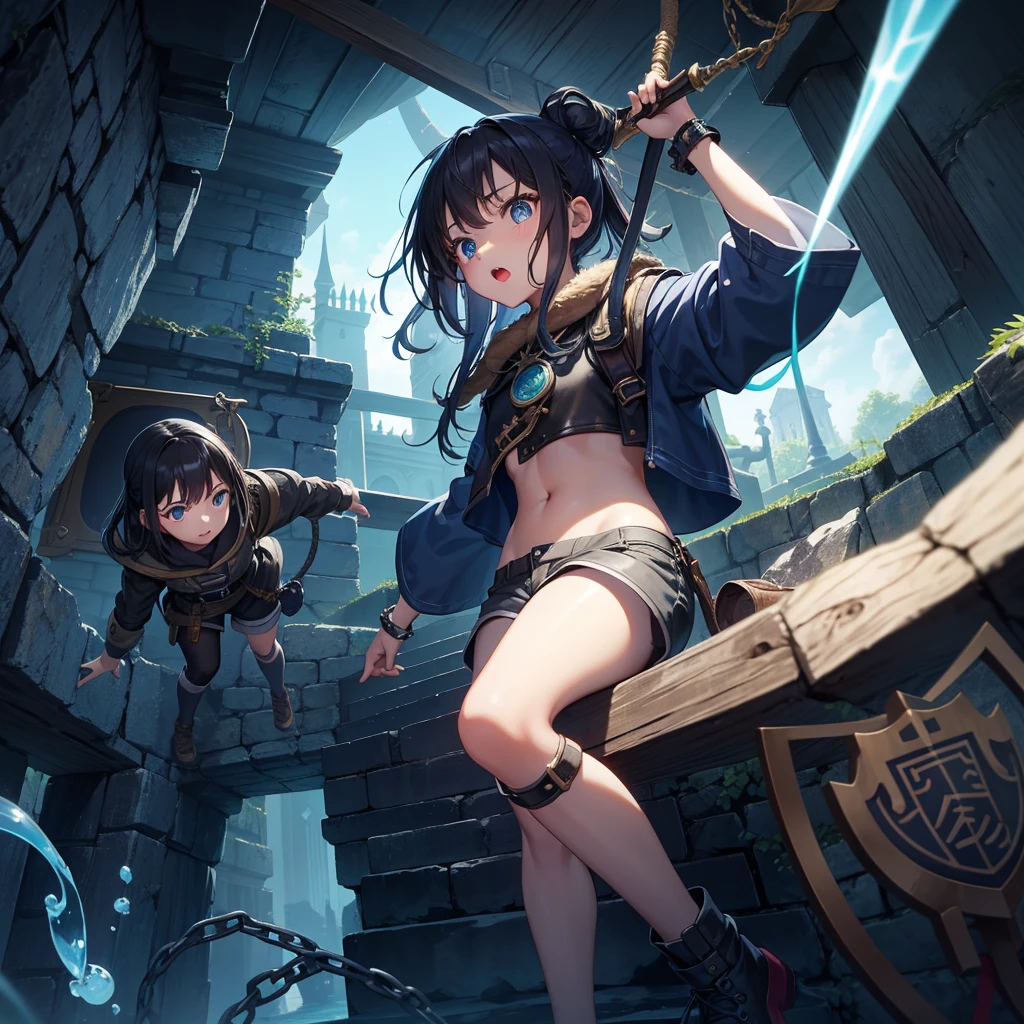 最high quality、high quality、Simple cloth clothing、10Year old girl adventurer、Climb the maze stairs、Shorts、Equipped with a dagger and a shield、In a dark maze、The body is being swallowed by slime