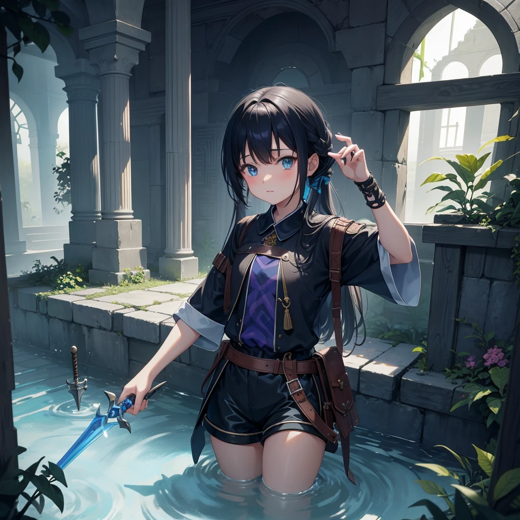 最high quality、high quality、Simple cloth clothing、10Year old girl adventurer、Climb the maze stairs、Shorts、Equipped with a dagger and a shield、In a dark maze、The body is being swallowed by slime