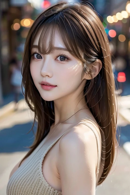 Masterpiece, 1 beautiful girl, A detailed eye, Puffy eyes, top-quality, 超A high resolution, (Realisticity: 1.4), cinematlic lighting, japanes, Asian Beauty, Super beauty, Beautiful skin, A slender, The body facing forward, (A hyper-realistic), (hight resolution), (8k), (ighly detailed), (beautifully detailed eyes), (Ultra-detail)、 (wall-), A detailed face, Bright lighting, profetional lighting, looking at viewert, Facing straight ahead, (The costume a knitted dress), Long hair, hair messy, asymmetrical bangs, night street scene, Brown hair, Japan idle, Korean Idol, hposing Gravure Idol, age25, tall, smile,